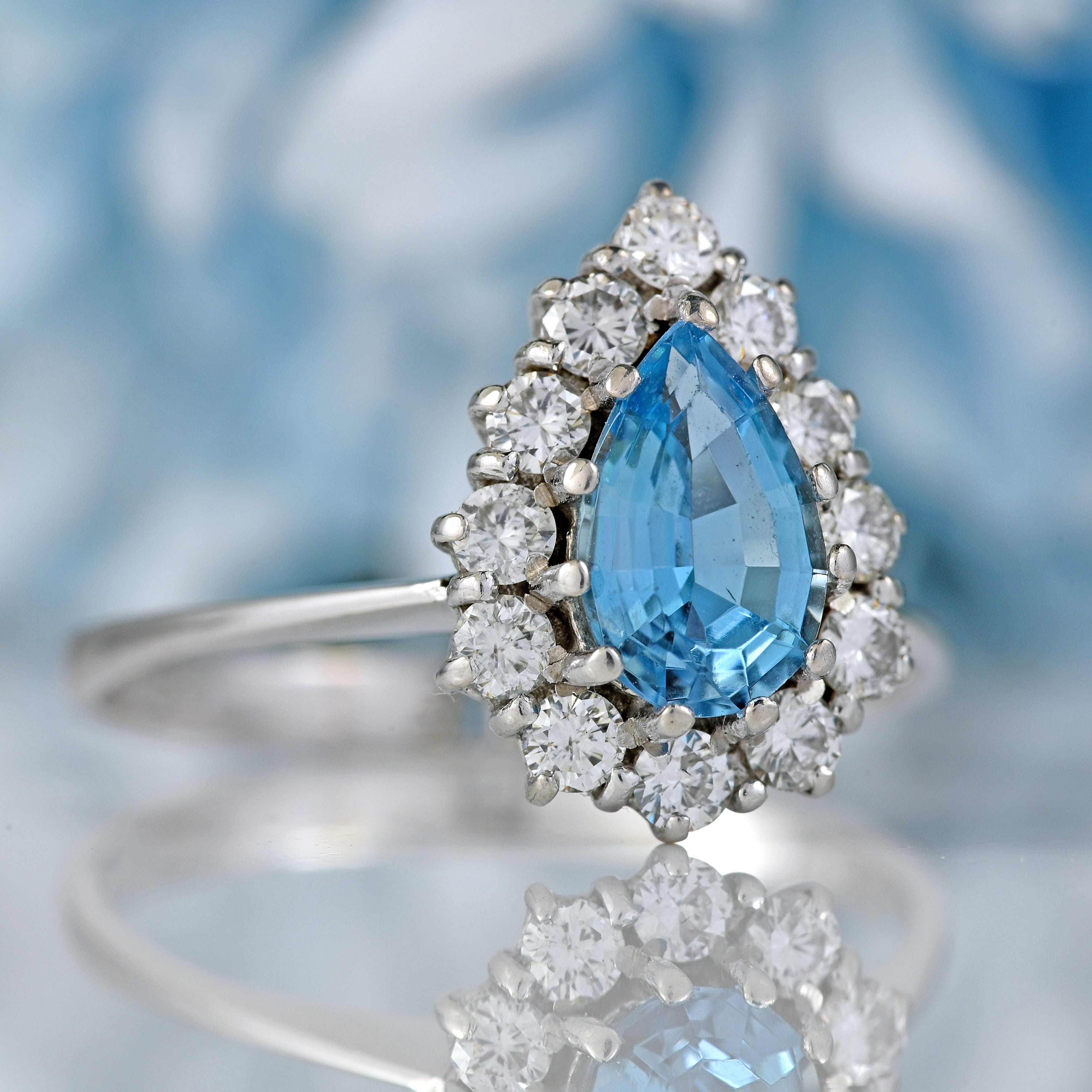 Ellibelle Jewellery Vintage 1983 Aquamarine & Diamond 18ct White Gold Pear-Shaped Cluster Ring