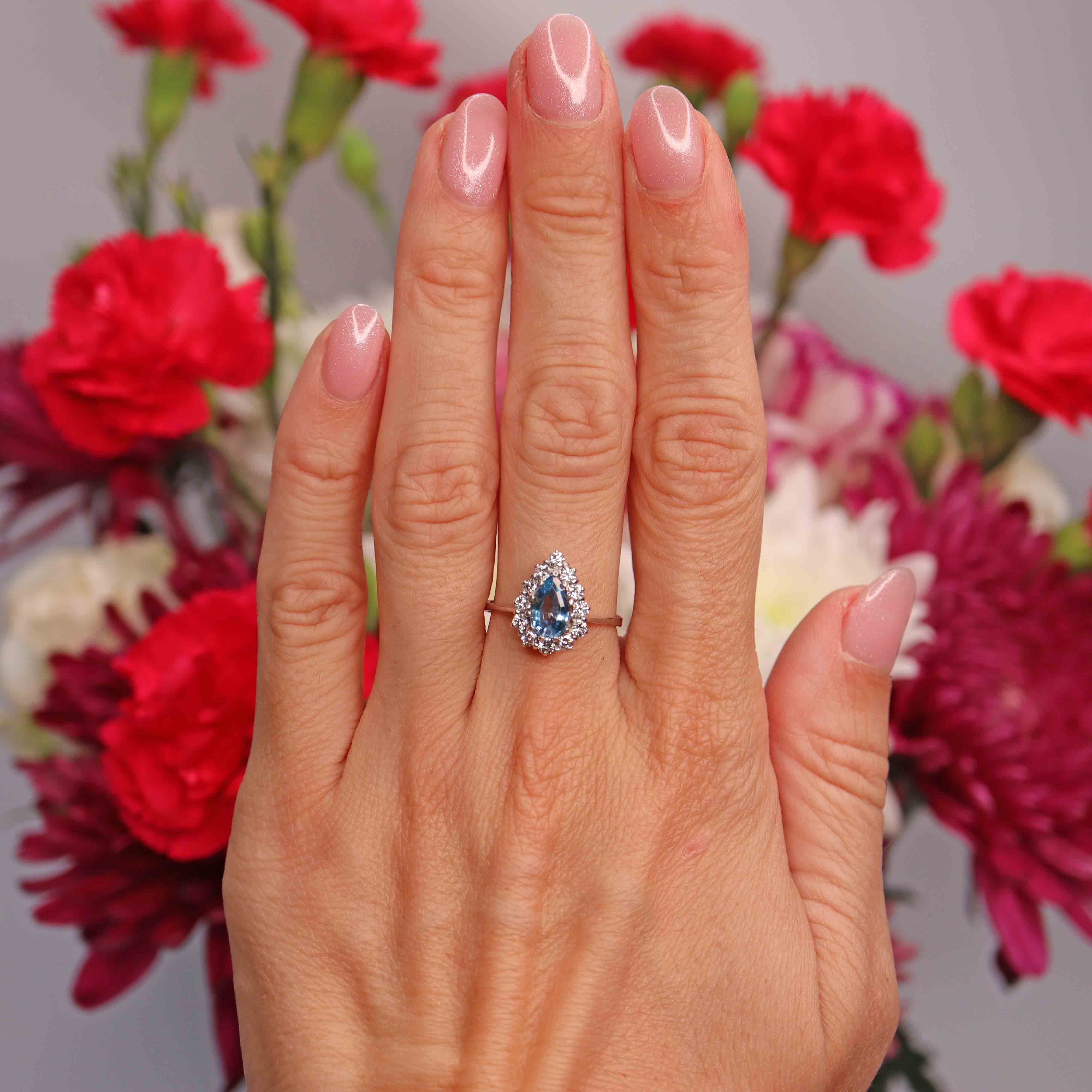 Ellibelle Jewellery Vintage 1983 Aquamarine & Diamond 18ct White Gold Pear-Shaped Cluster Ring