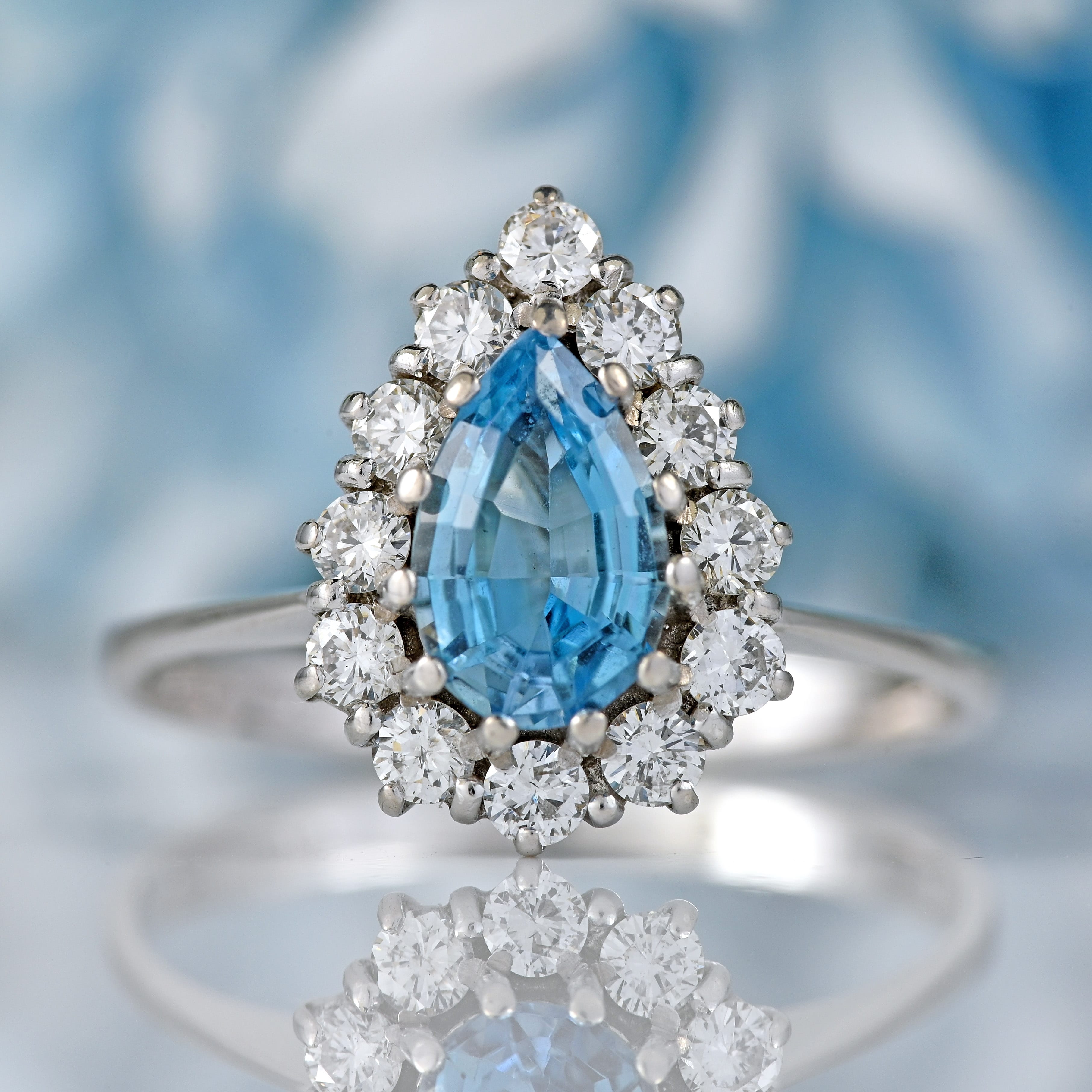 Ellibelle Jewellery Vintage 1983 Aquamarine & Diamond 18ct White Gold Pear-Shaped Cluster Ring