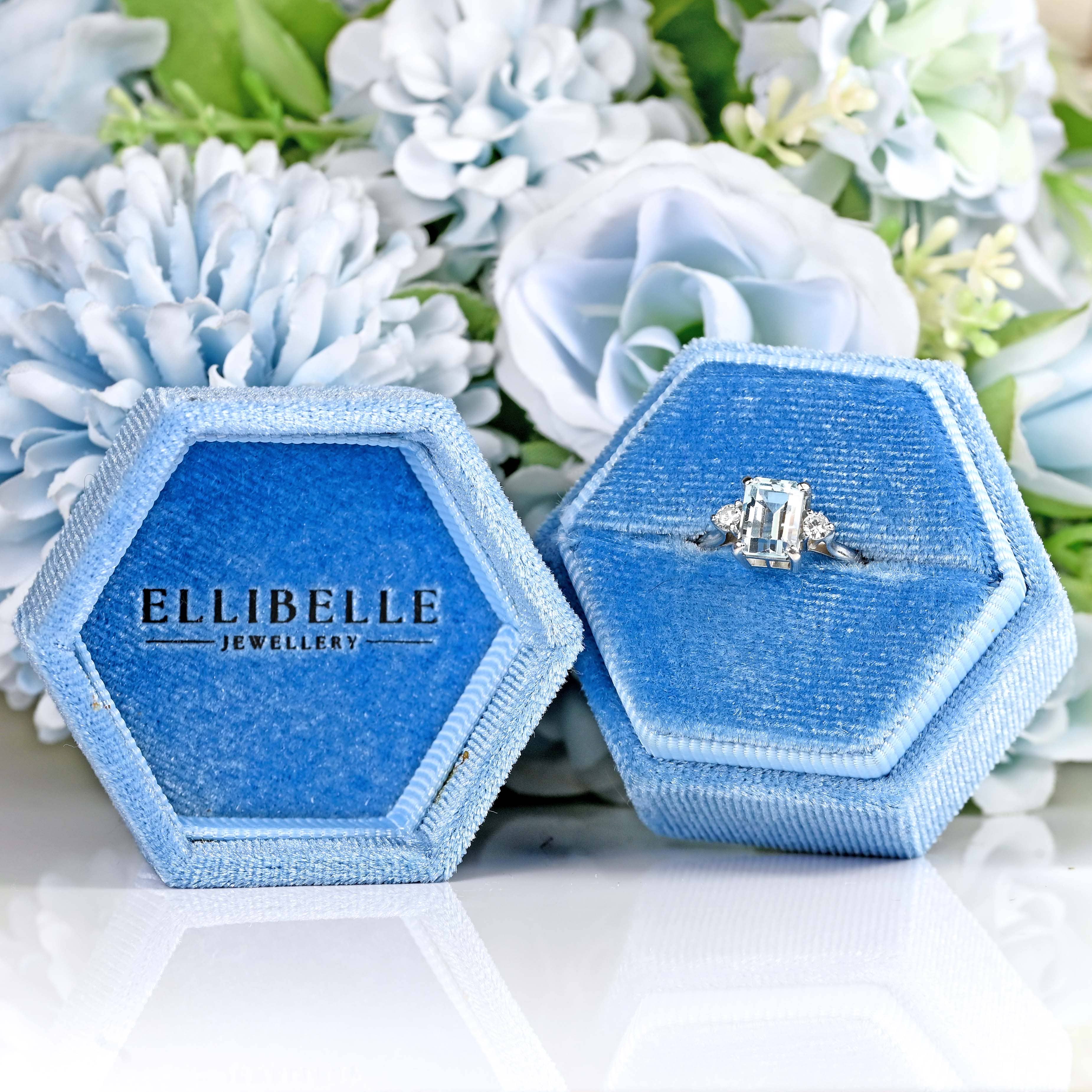 Ellibelle Jewellery Vintage 1983 Aquamarine & Diamond 18ct White Gold Three-Stone Ring