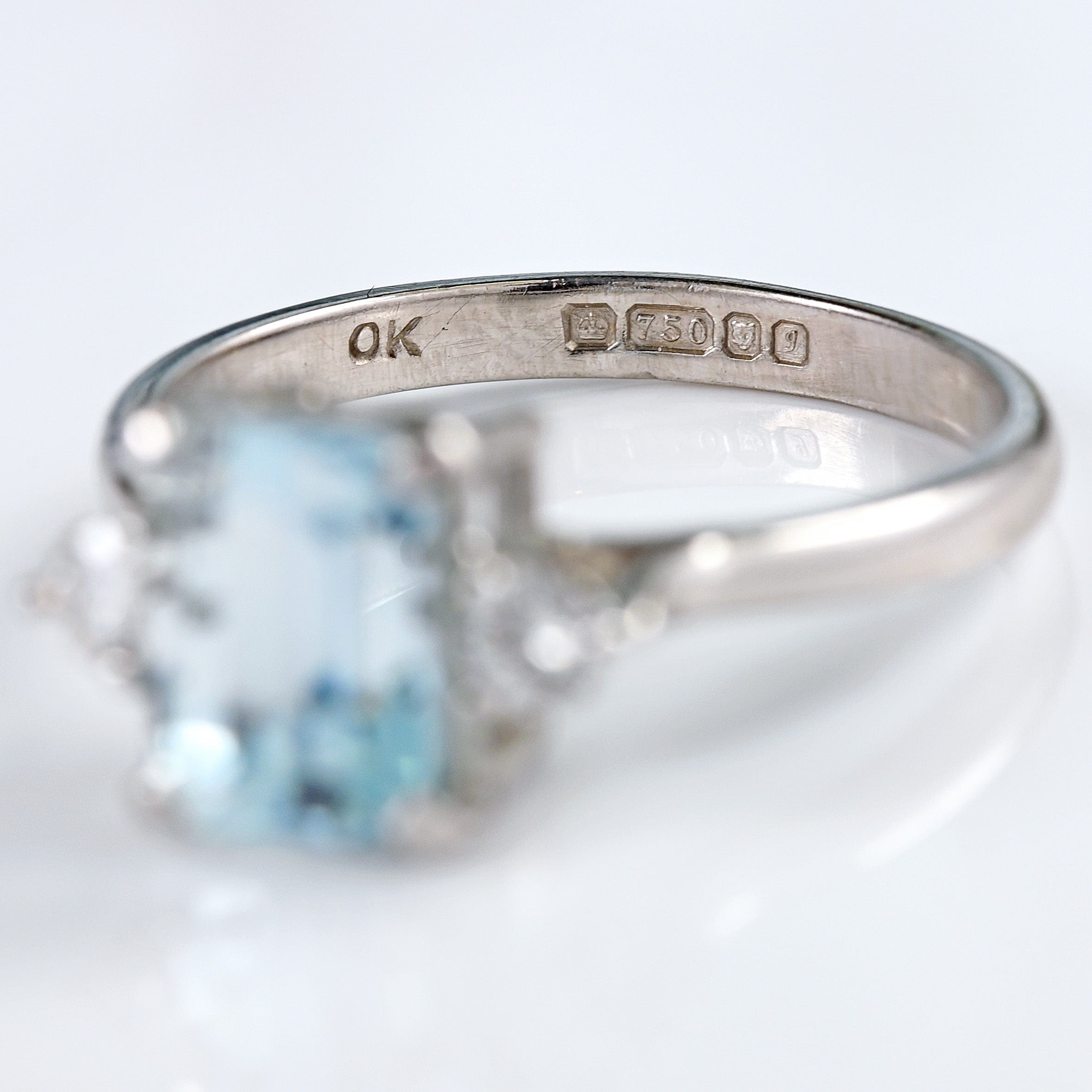 Ellibelle Jewellery Vintage 1983 Aquamarine & Diamond 18ct White Gold Three-Stone Ring