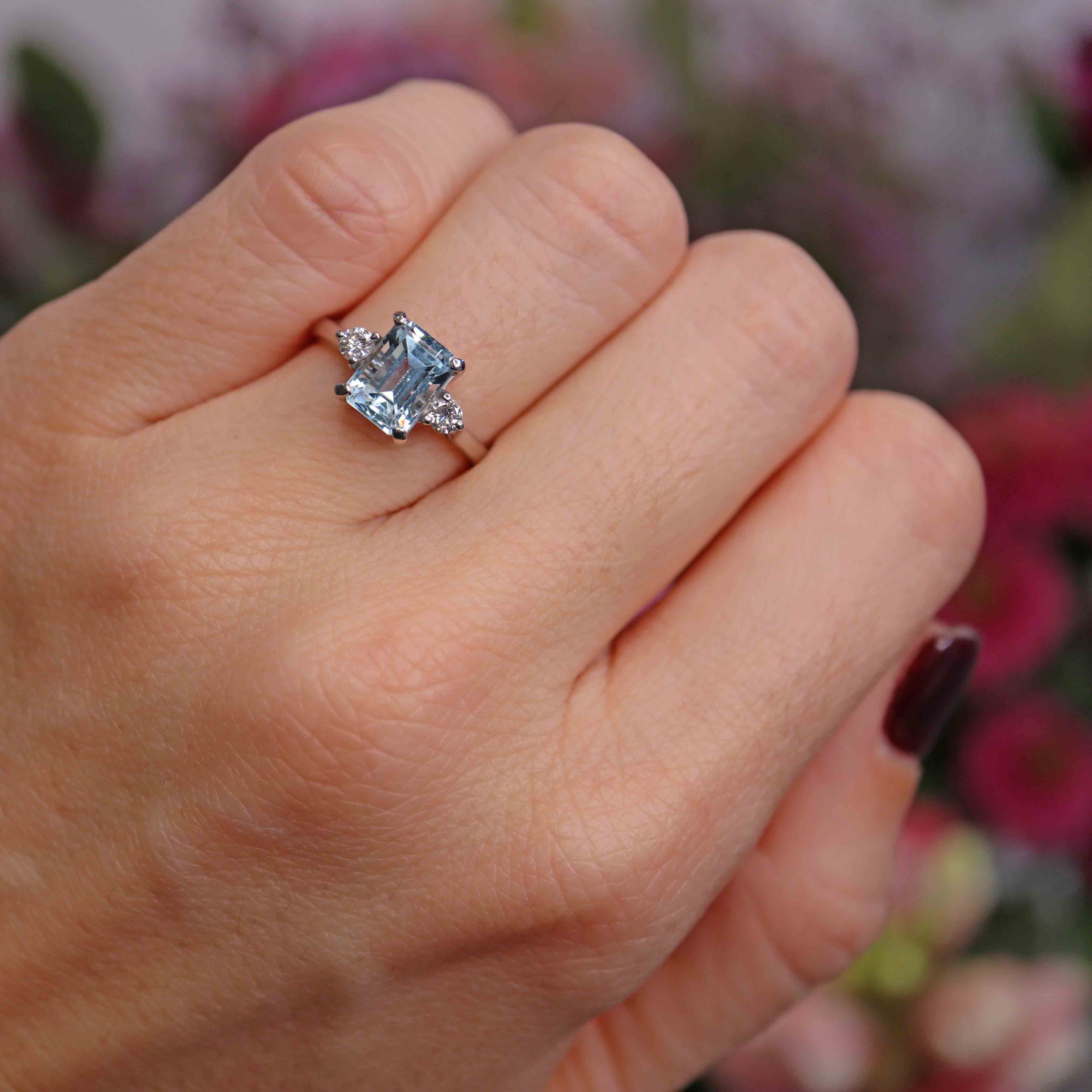 Ellibelle Jewellery Vintage 1983 Aquamarine & Diamond 18ct White Gold Three-Stone Ring