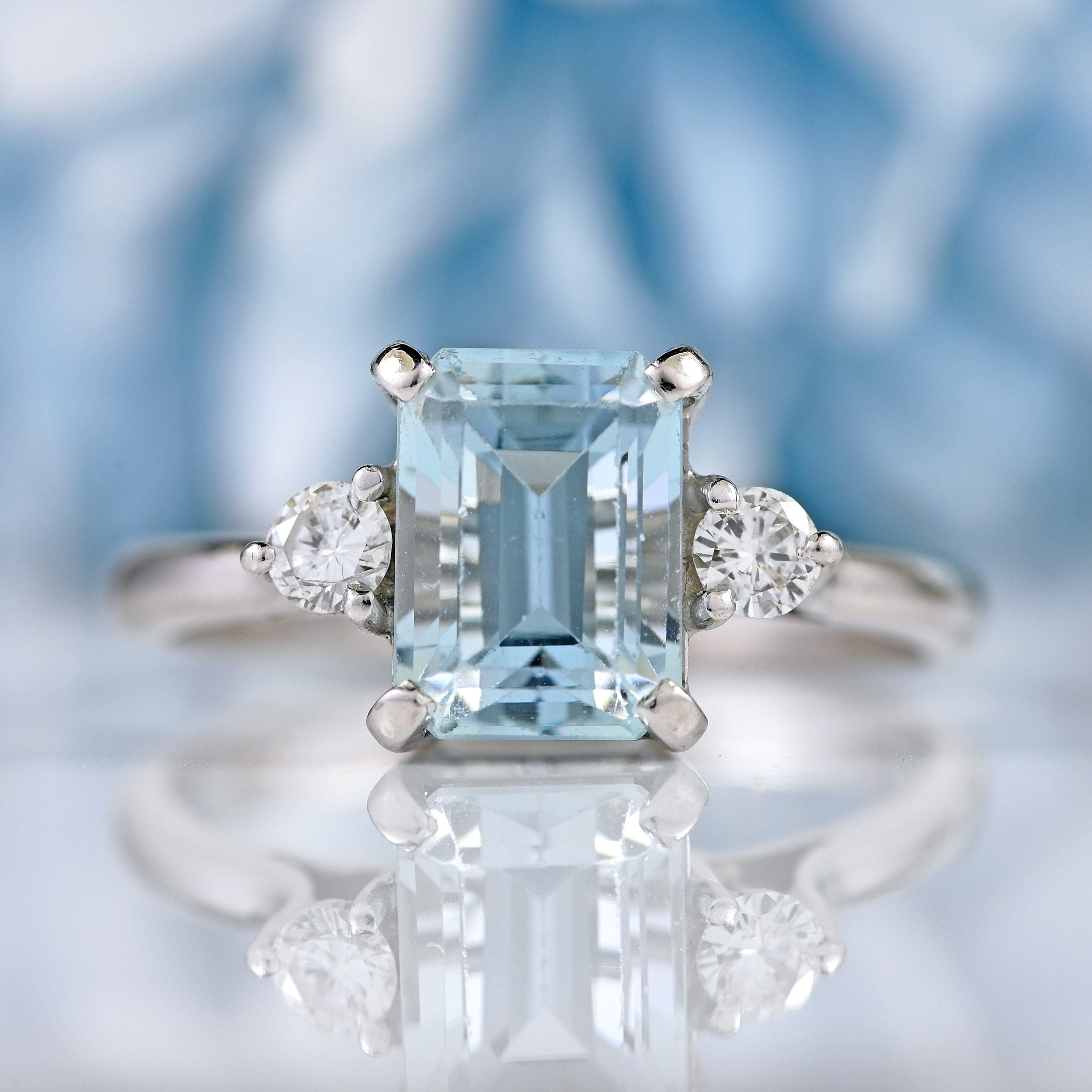 Ellibelle Jewellery Vintage 1983 Aquamarine & Diamond 18ct White Gold Three-Stone Ring