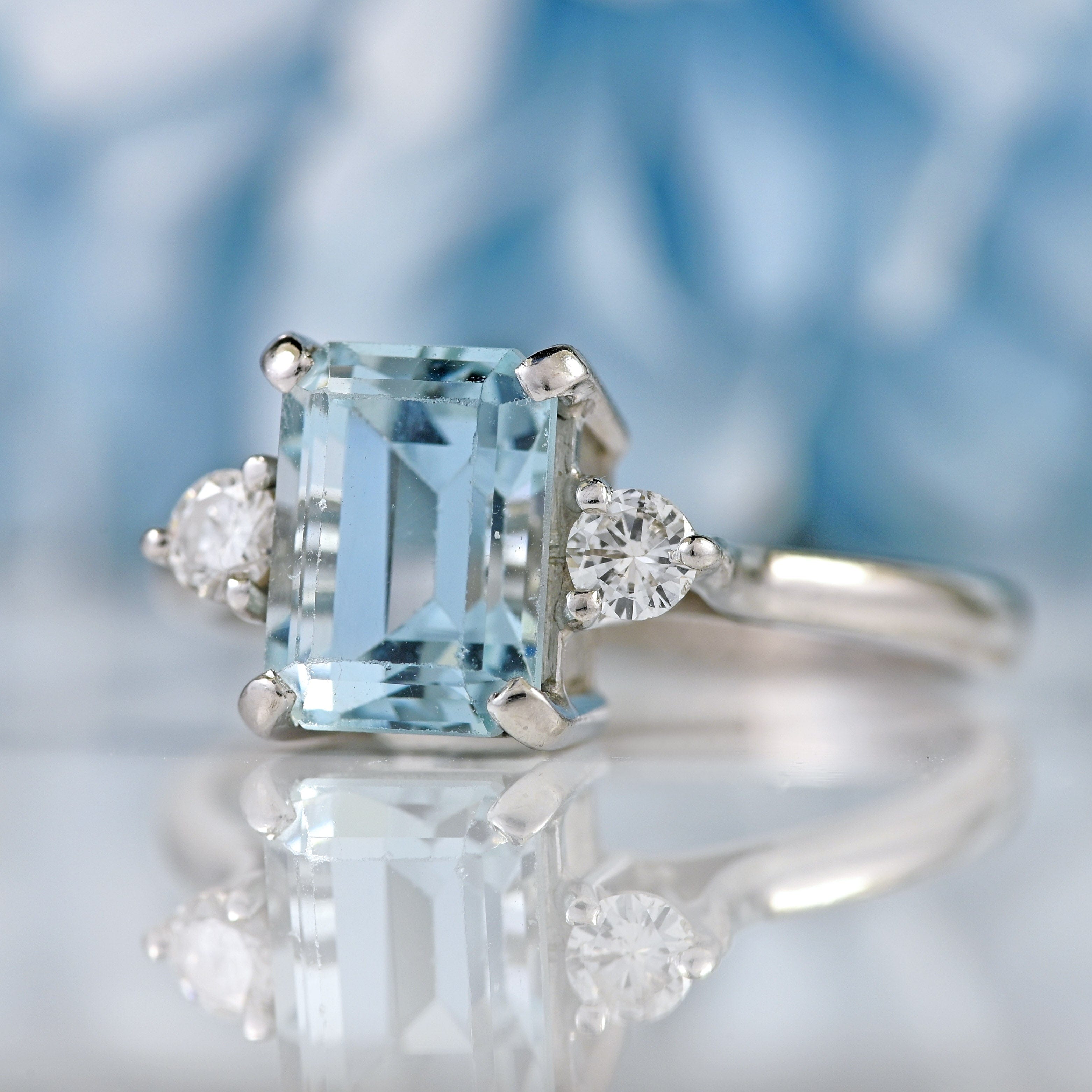Ellibelle Jewellery Vintage 1983 Aquamarine & Diamond 18ct White Gold Three-Stone Ring