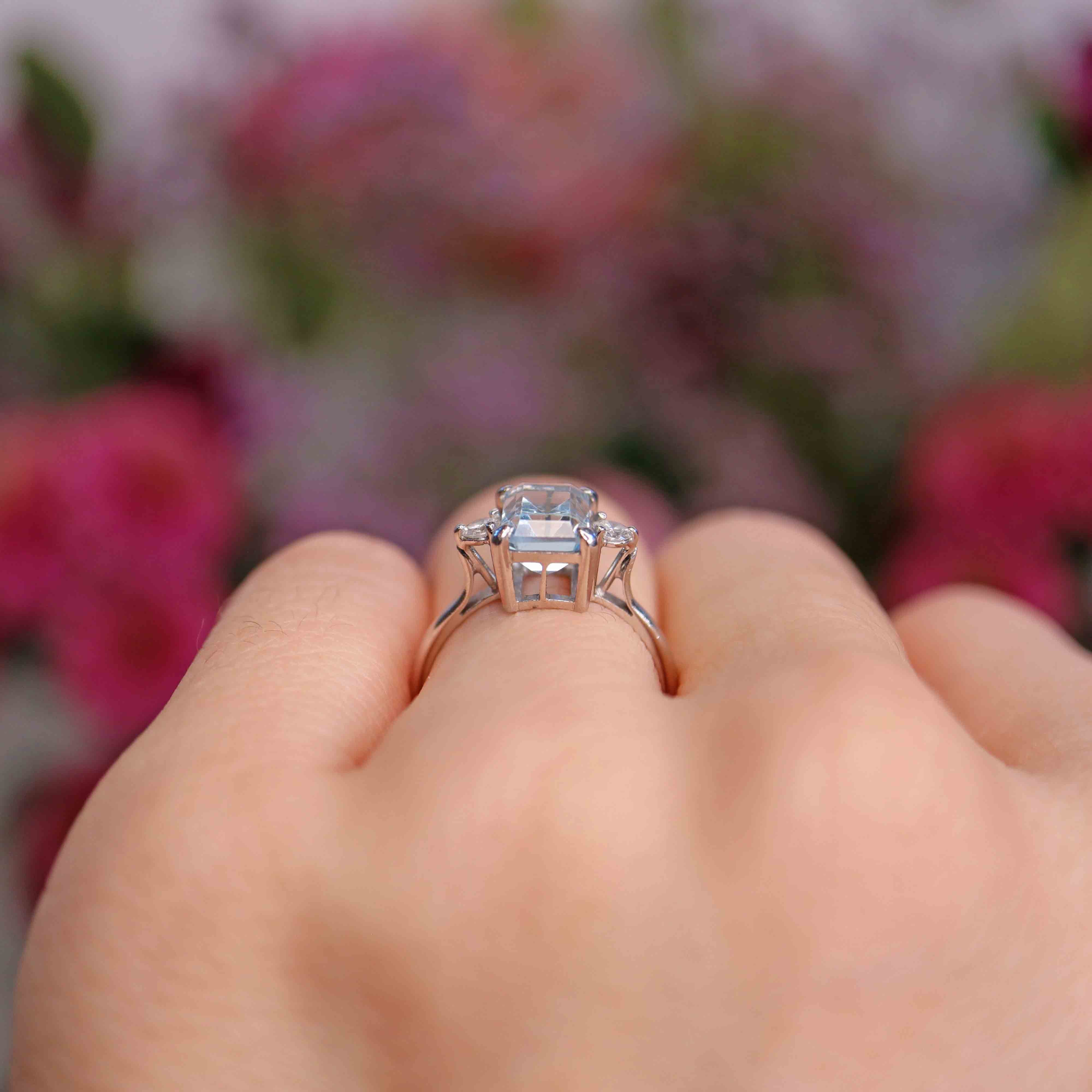 Ellibelle Jewellery Vintage 1983 Aquamarine & Diamond 18ct White Gold Three-Stone Ring