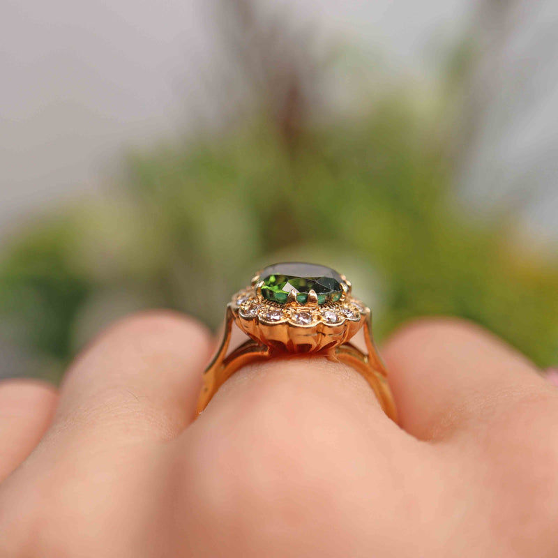Ellibelle Jewellery Vintage 1983 Green Tourmaline & Diamond 18ct Gold Cluster Ring