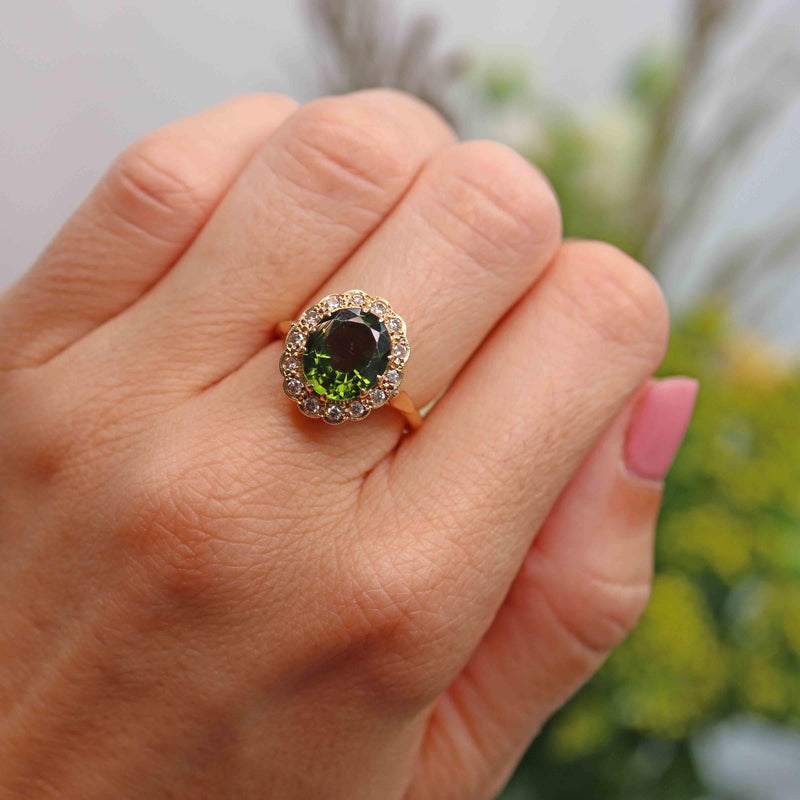Ellibelle Jewellery Vintage 1983 Green Tourmaline & Diamond 18ct Gold Cluster Ring