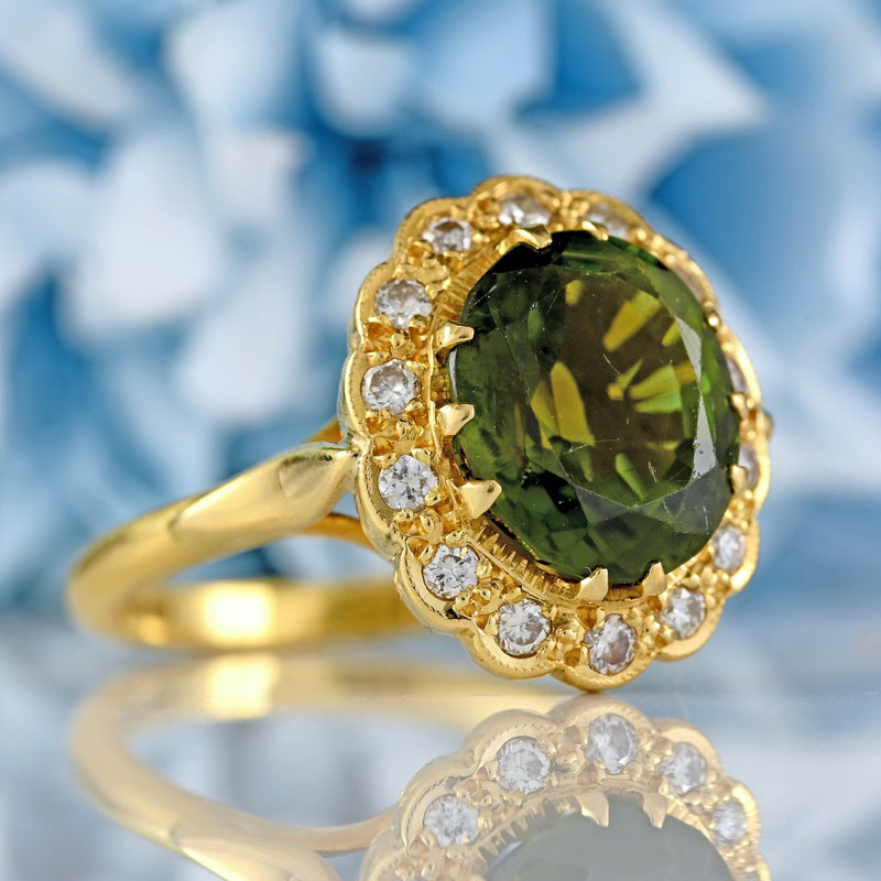 Ellibelle Jewellery Vintage 1983 Green Tourmaline & Diamond 18ct Gold Cluster Ring