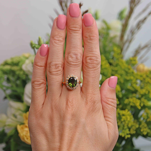 Ellibelle Jewellery Vintage 1983 Green Tourmaline & Diamond 18ct Gold Cluster Ring