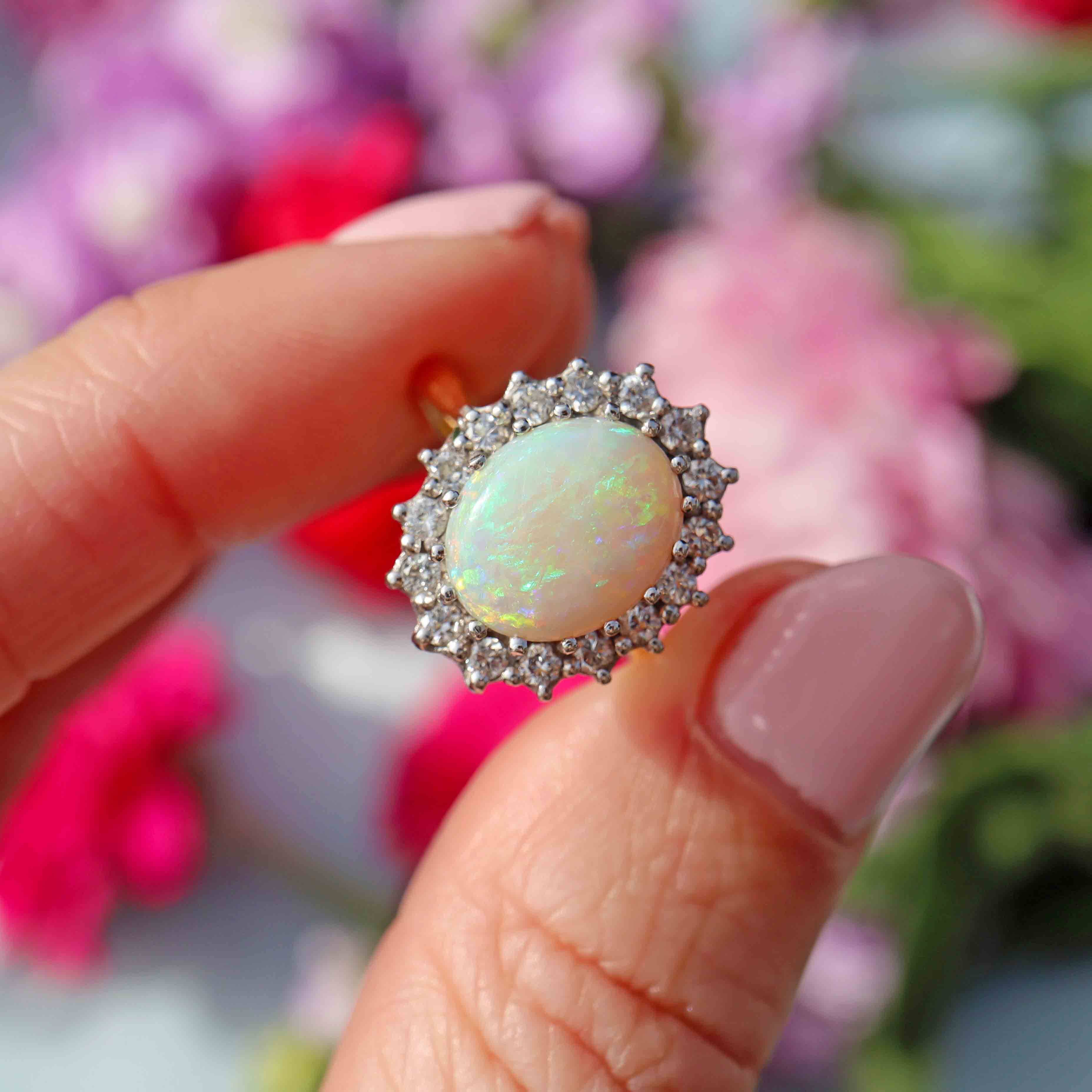 Ellibelle Jewellery Vintage 1983 Opal & Diamond 18ct Gold Cluster Ring (1.68cts)