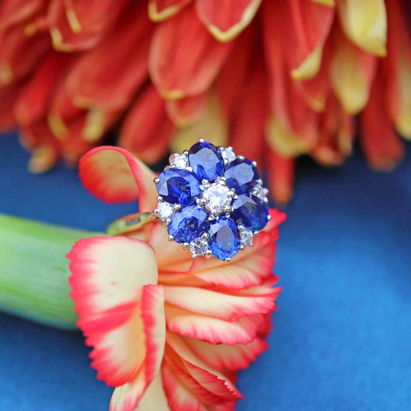 Ellibelle Jewellery Vintage 1983 Sapphire & Diamond 18ct Gold Cluster Ring