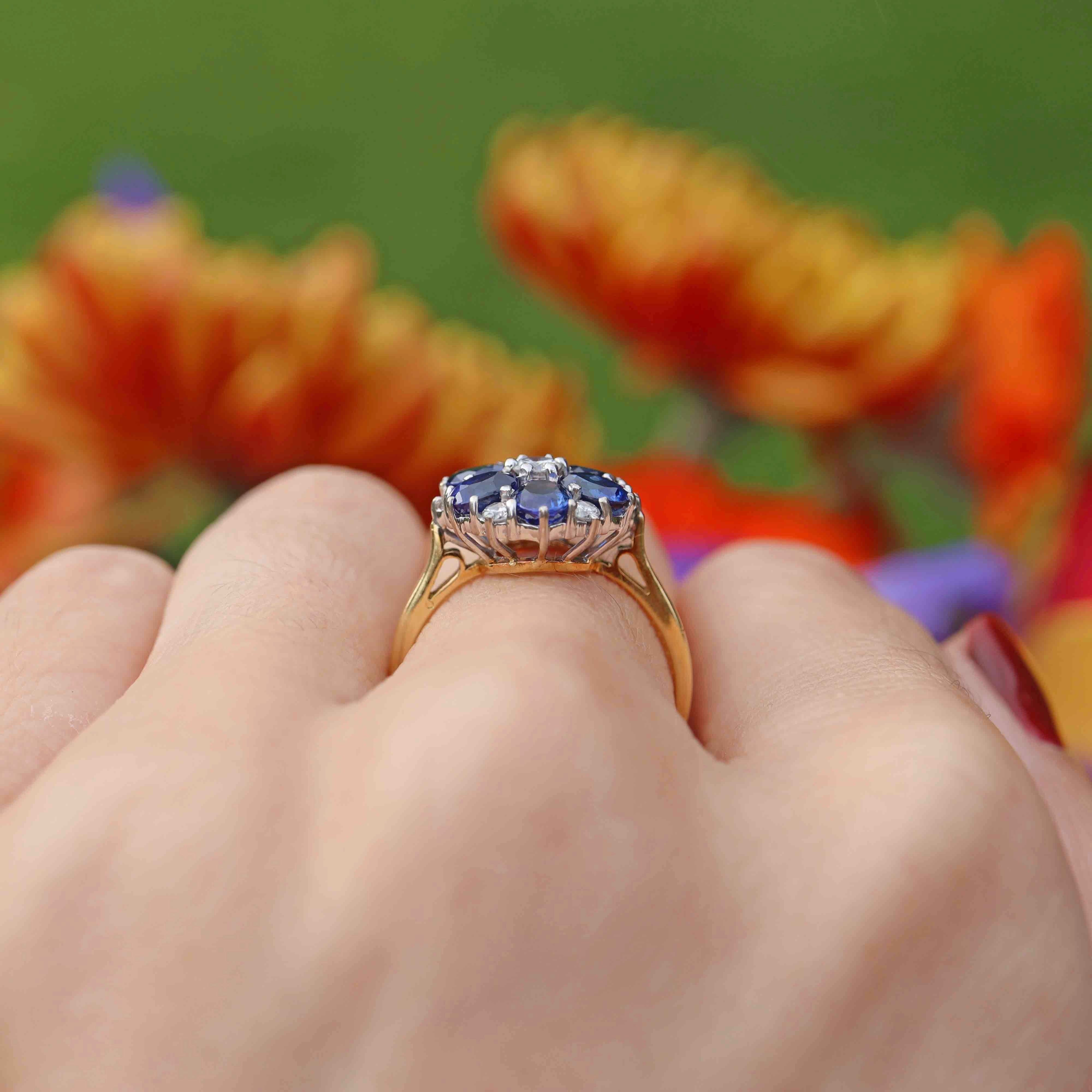 Ellibelle Jewellery Vintage 1983 Sapphire & Diamond 18ct Gold Cluster Ring