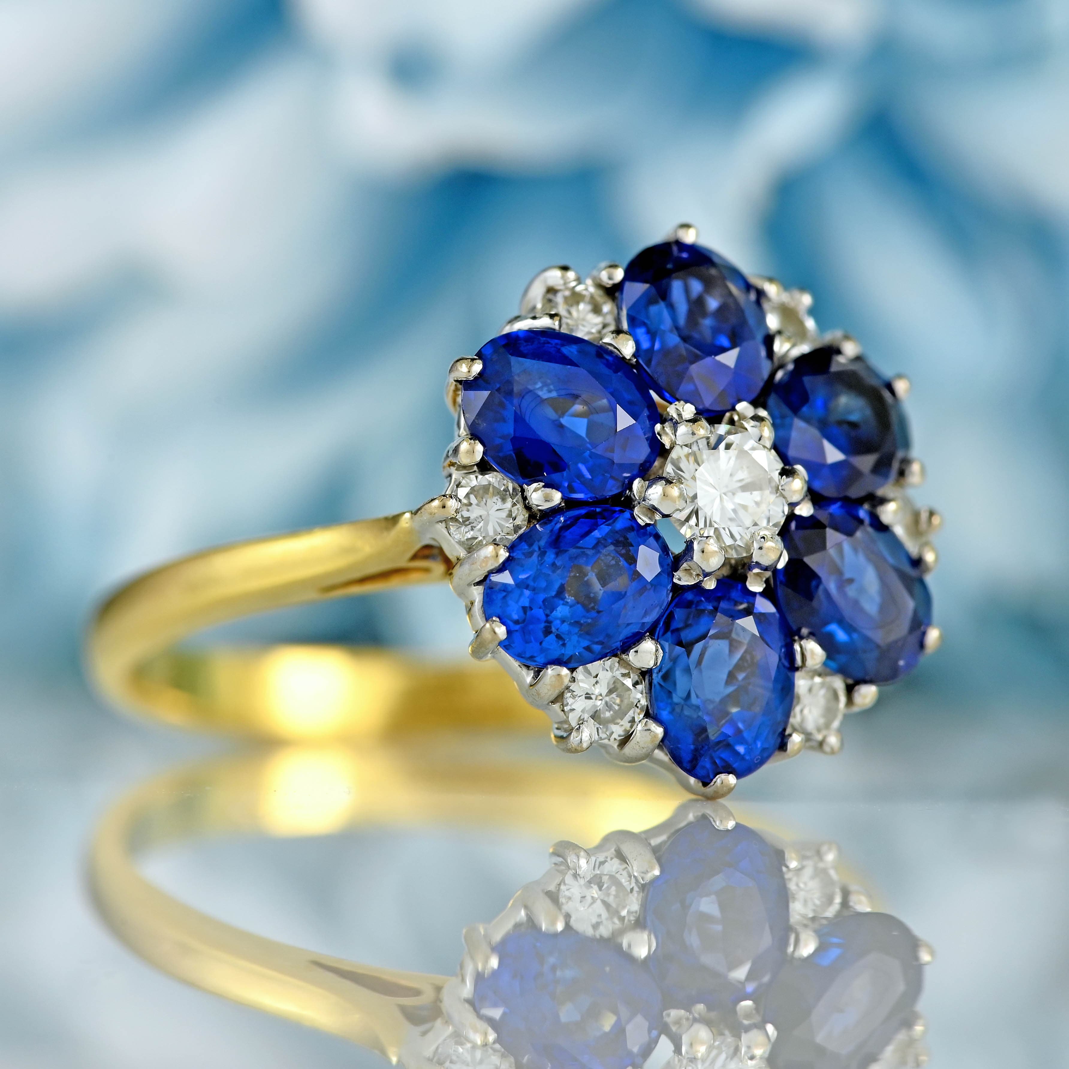 Ellibelle Jewellery Vintage 1983 Sapphire & Diamond 18ct Gold Cluster Ring