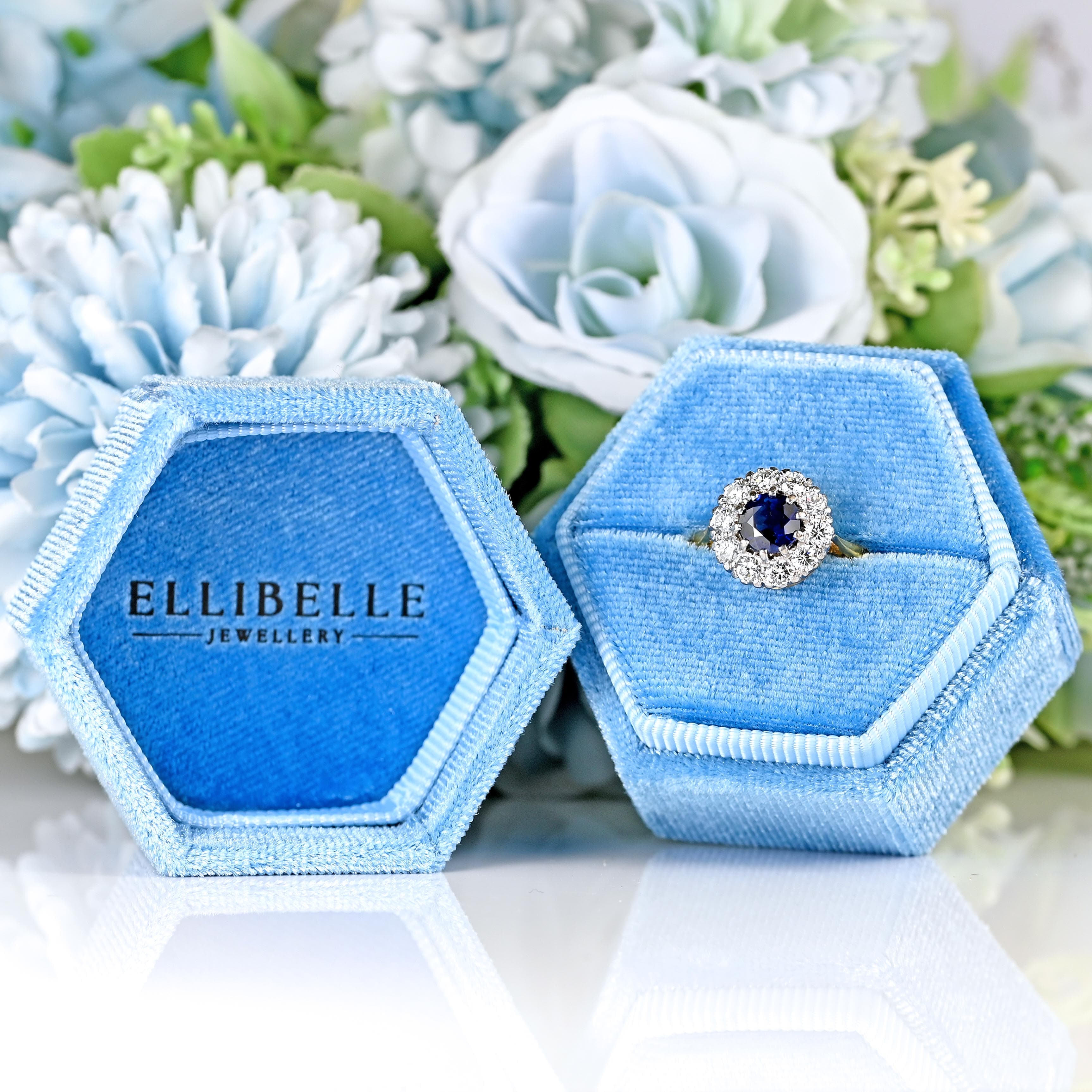 Ellibelle Jewellery Vintage 1983 Sapphire & Diamond 18ct Gold Halo Cluster Ring