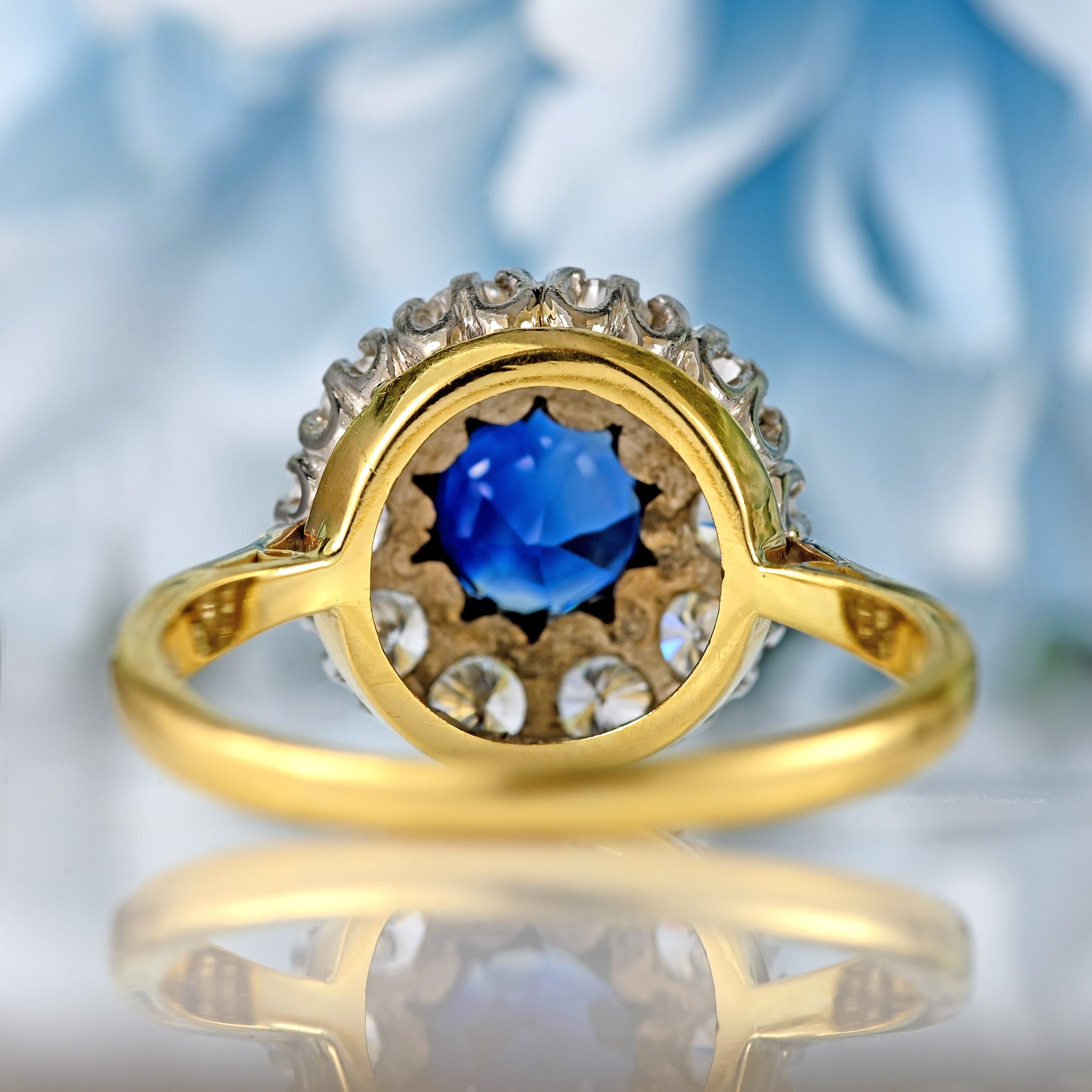 Ellibelle Jewellery Vintage 1983 Sapphire & Diamond 18ct Gold Halo Cluster Ring