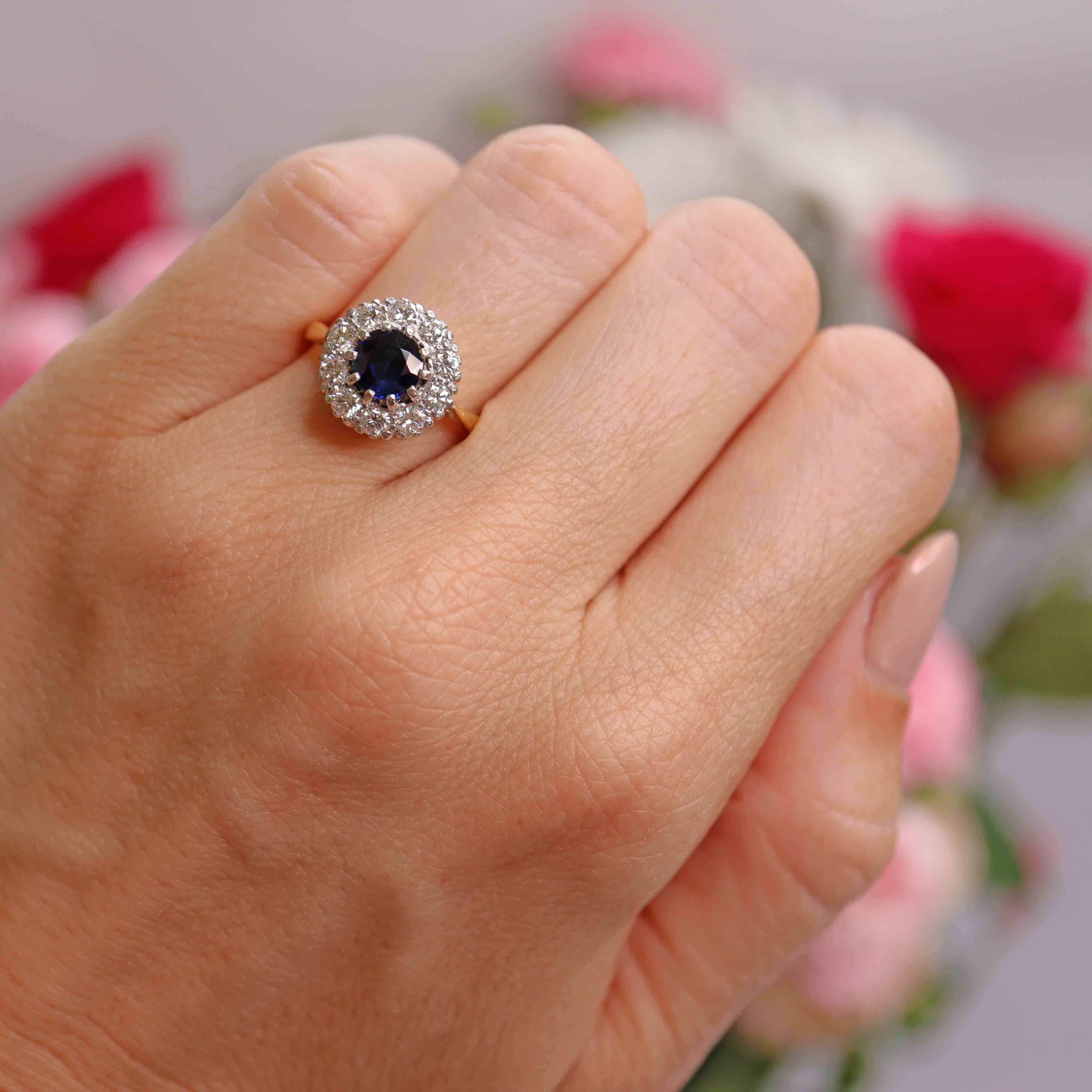 Ellibelle Jewellery Vintage 1983 Sapphire & Diamond 18ct Gold Halo Cluster Ring