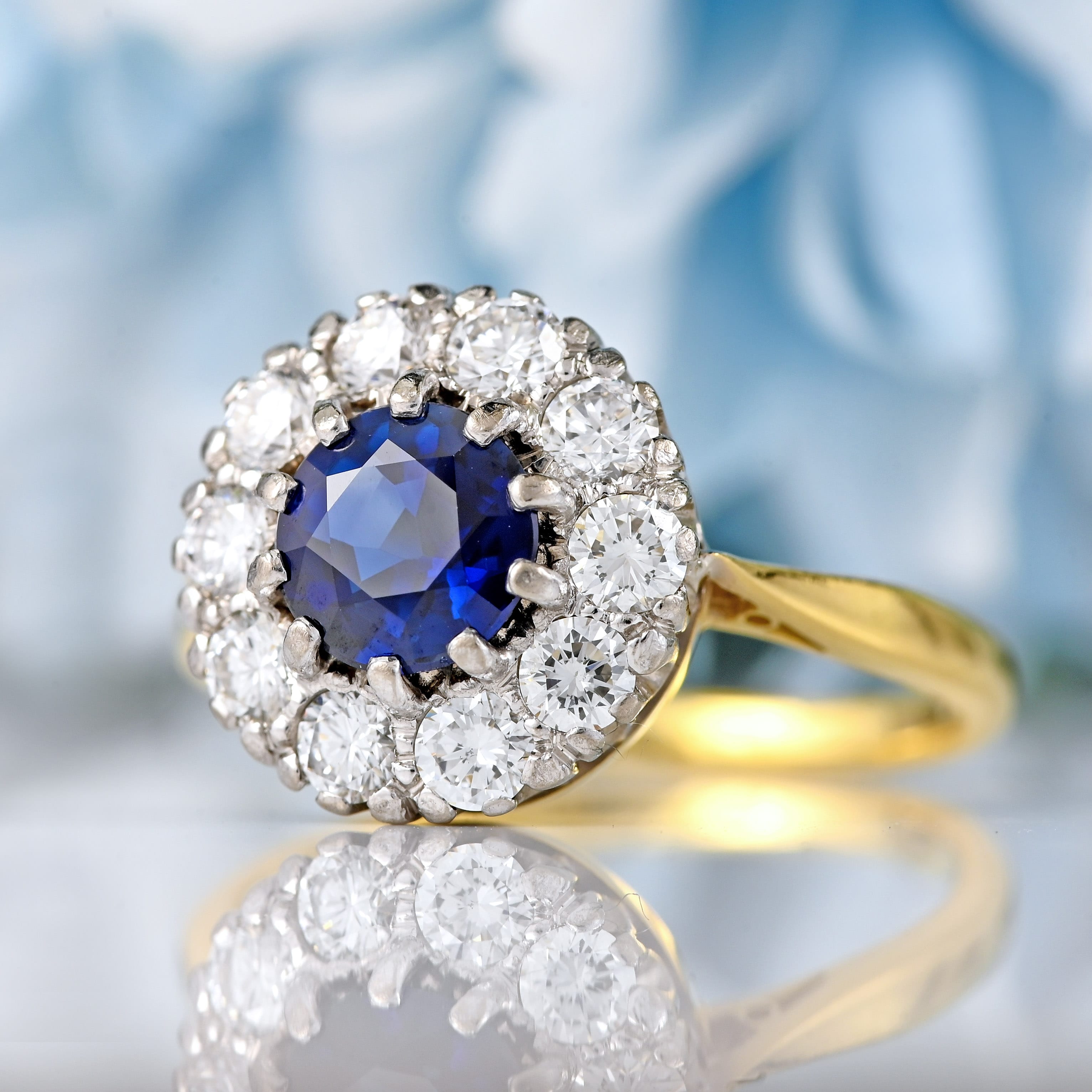 Ellibelle Jewellery Vintage 1983 Sapphire & Diamond 18ct Gold Halo Cluster Ring