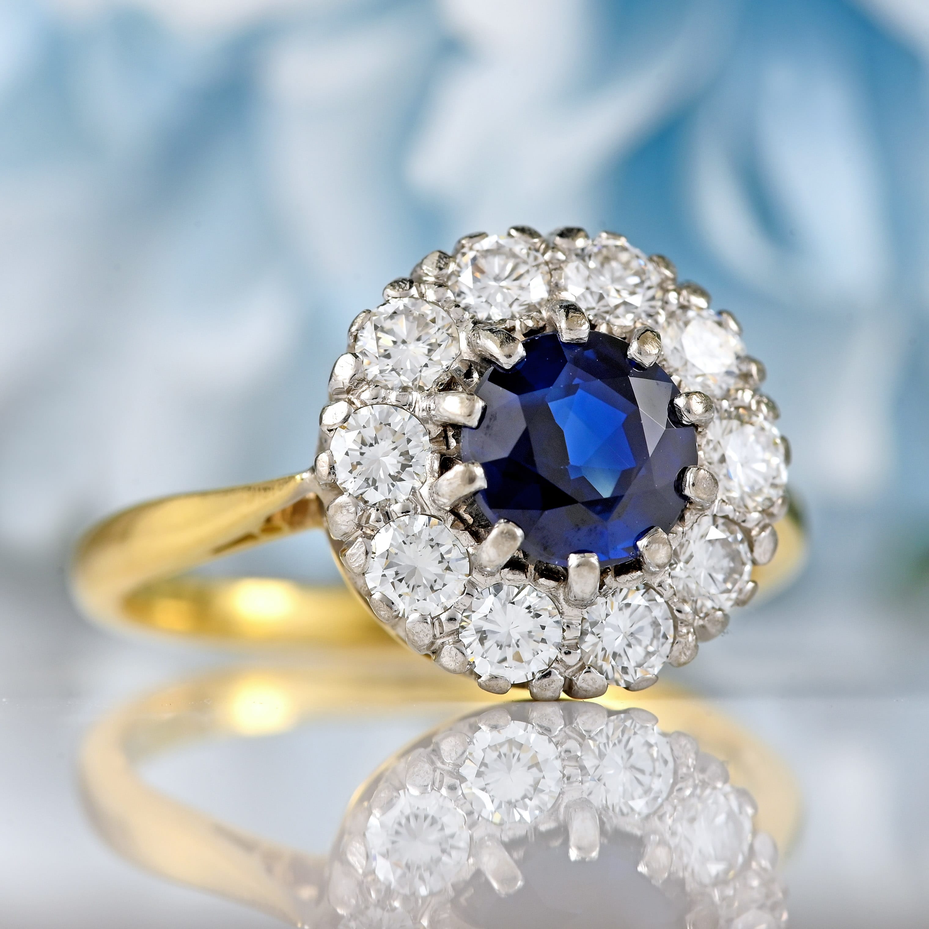 Ellibelle Jewellery Vintage 1983 Sapphire & Diamond 18ct Gold Halo Cluster Ring