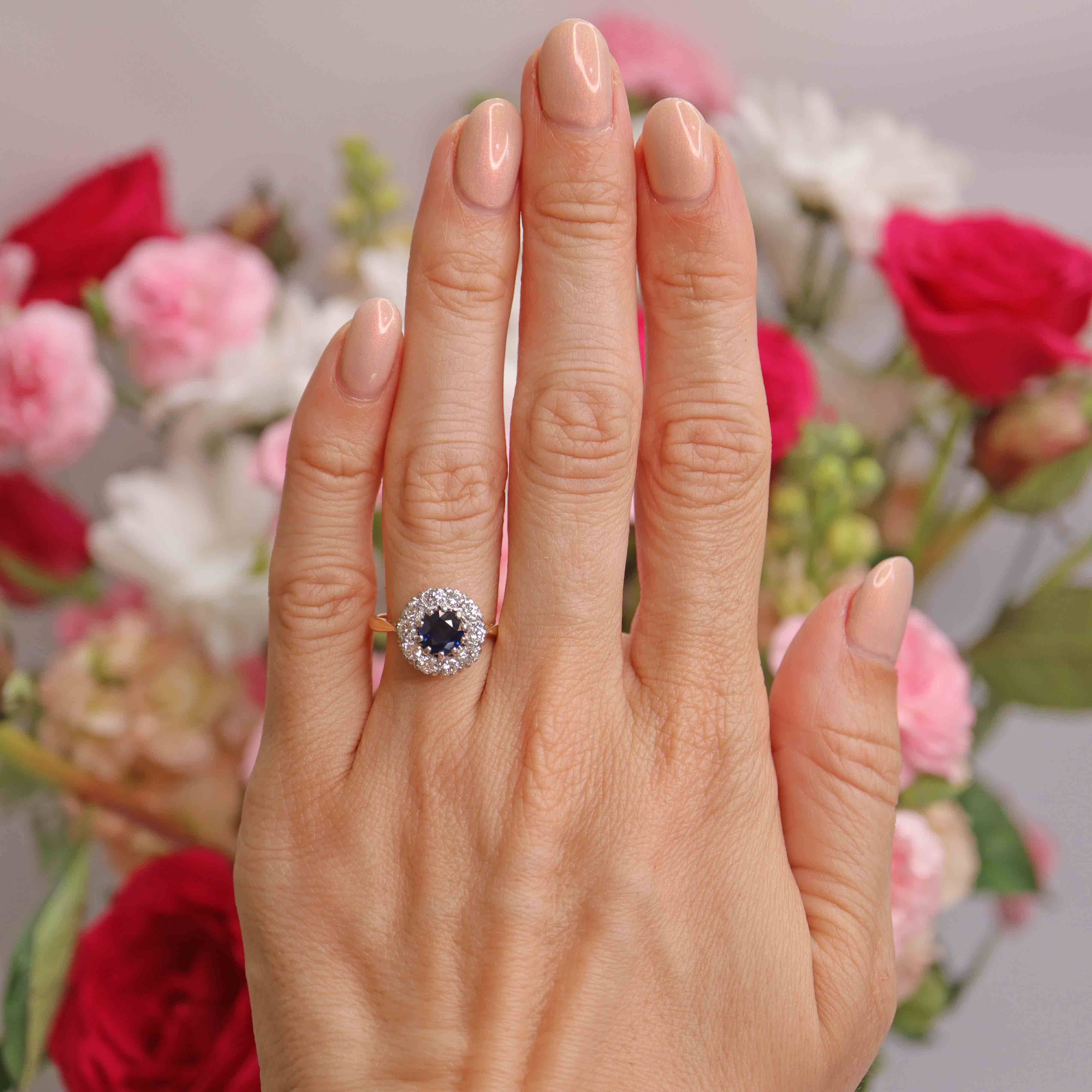 Ellibelle Jewellery Vintage 1983 Sapphire & Diamond 18ct Gold Halo Cluster Ring