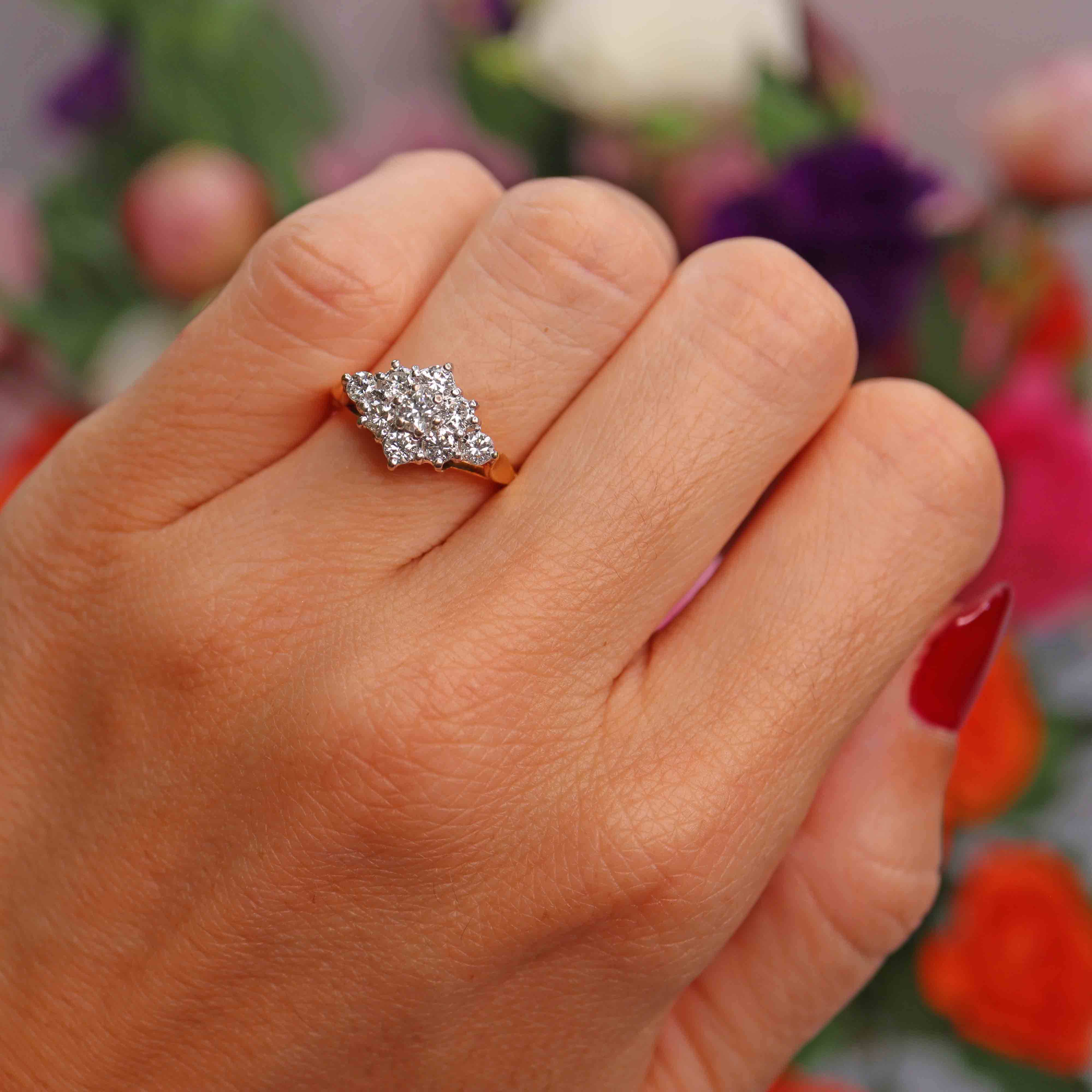 Ellibelle Jewellery Vintage 1984 Diamond 18ct Gold Nine-Stone Cluster Ring (0.85cts)