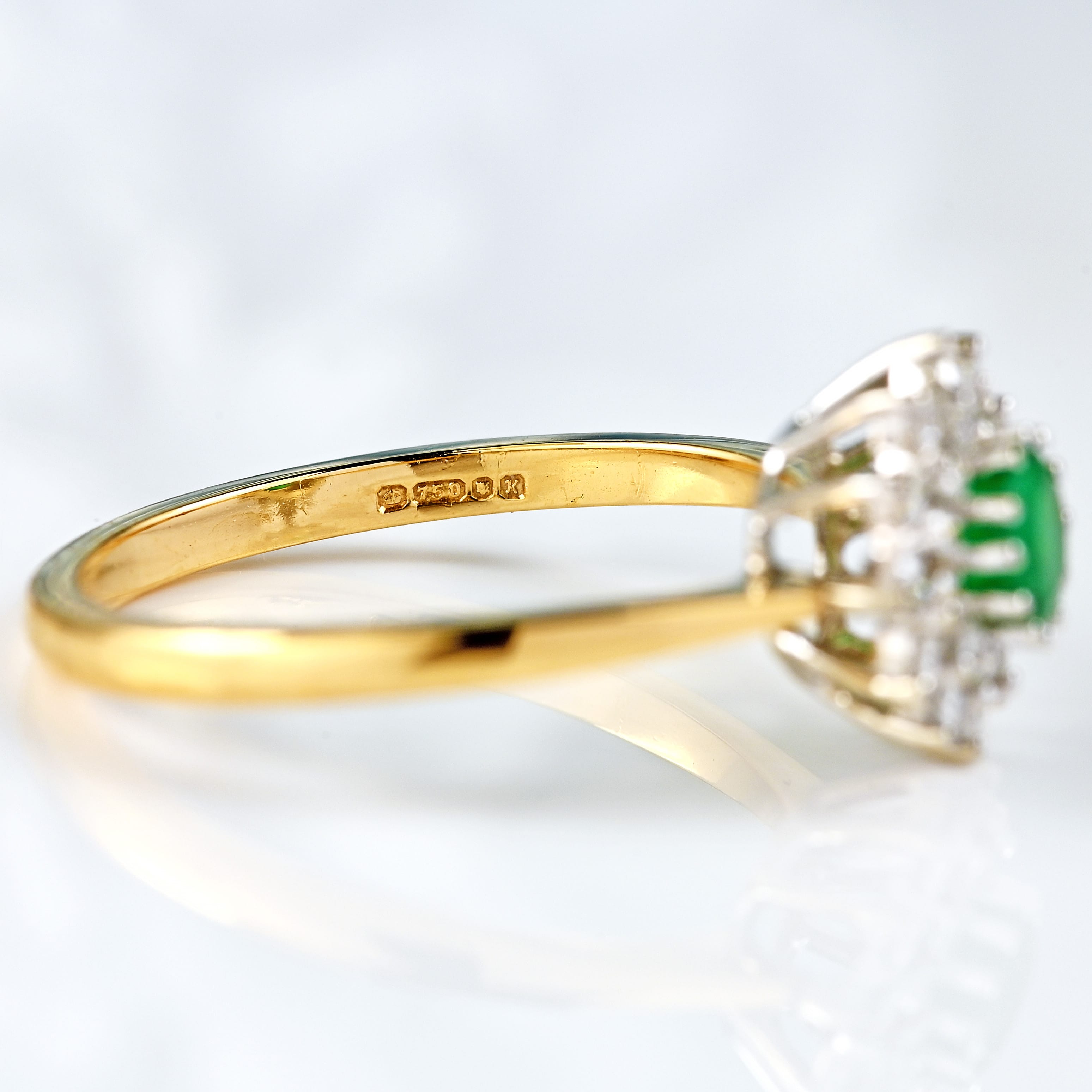 Ellibelle Jewellery Vintage 1984 Emerald & Diamond 18ct Gold Double-Cluster Ring