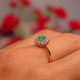 Ellibelle Jewellery Vintage 1984 Emerald & Diamond 18ct Gold Double-Cluster Ring