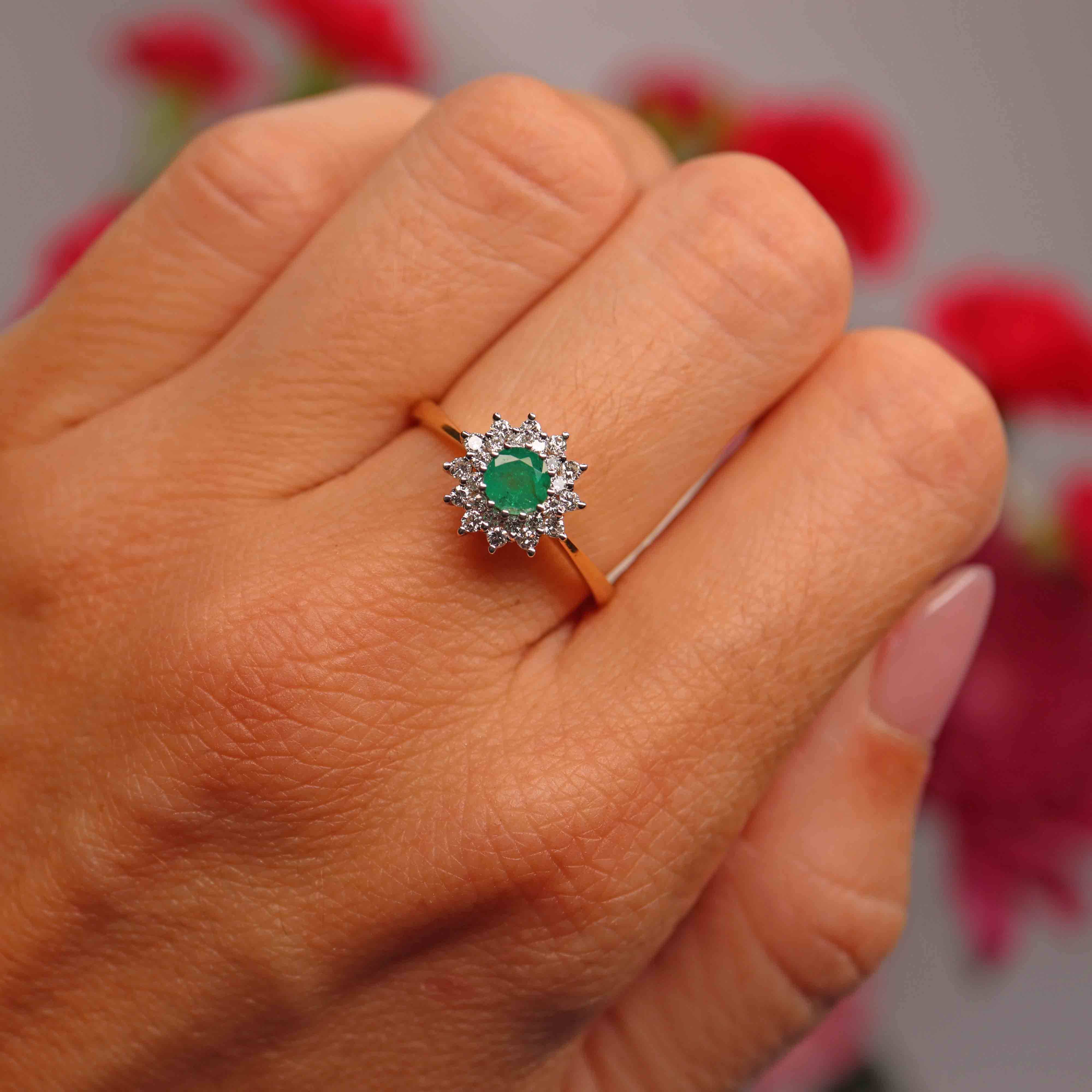 Ellibelle Jewellery Vintage 1984 Emerald & Diamond 18ct Gold Double-Cluster Ring