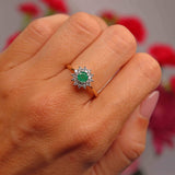 Ellibelle Jewellery Vintage 1984 Emerald & Diamond 18ct Gold Double-Cluster Ring