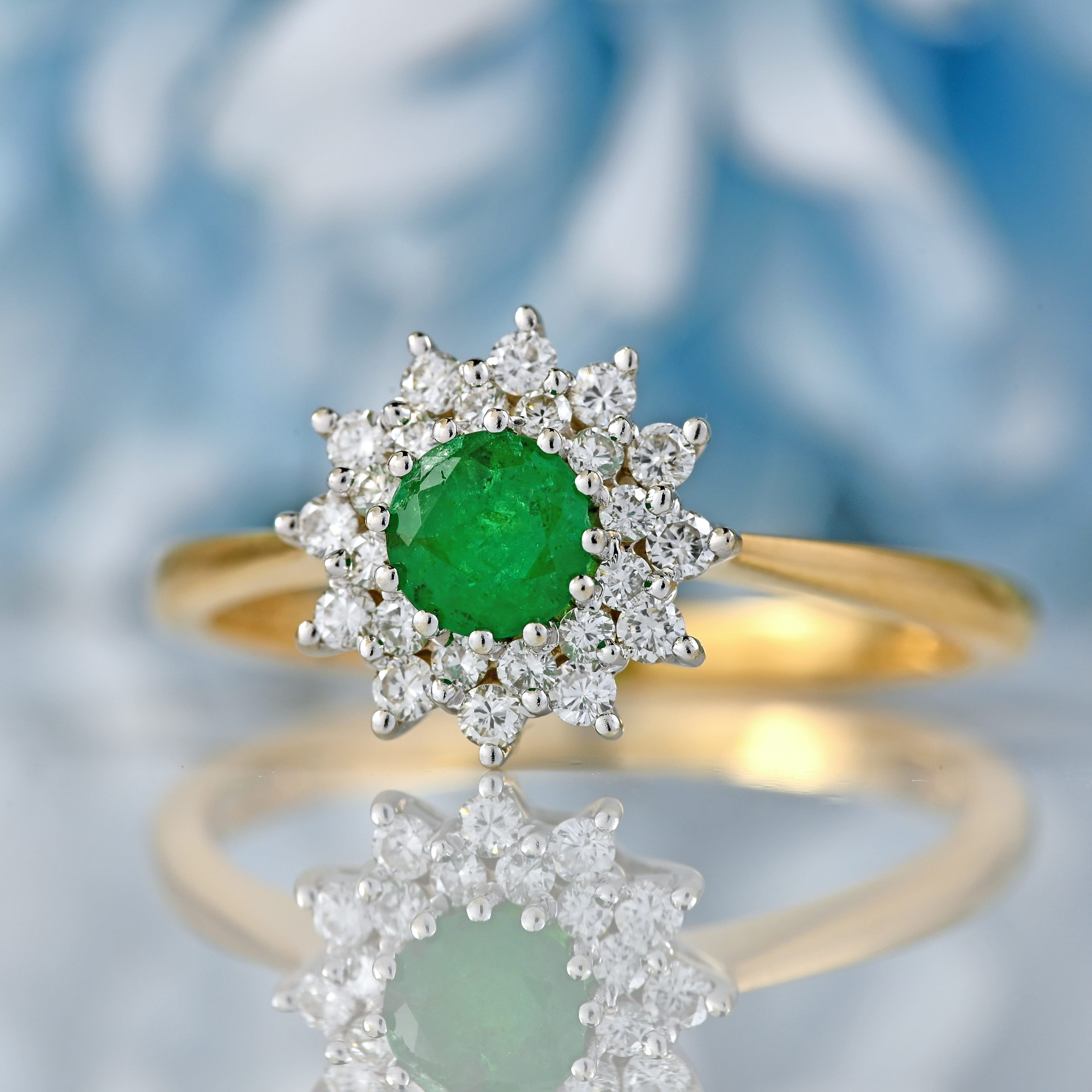 Ellibelle Jewellery Vintage 1984 Emerald & Diamond 18ct Gold Double-Cluster Ring