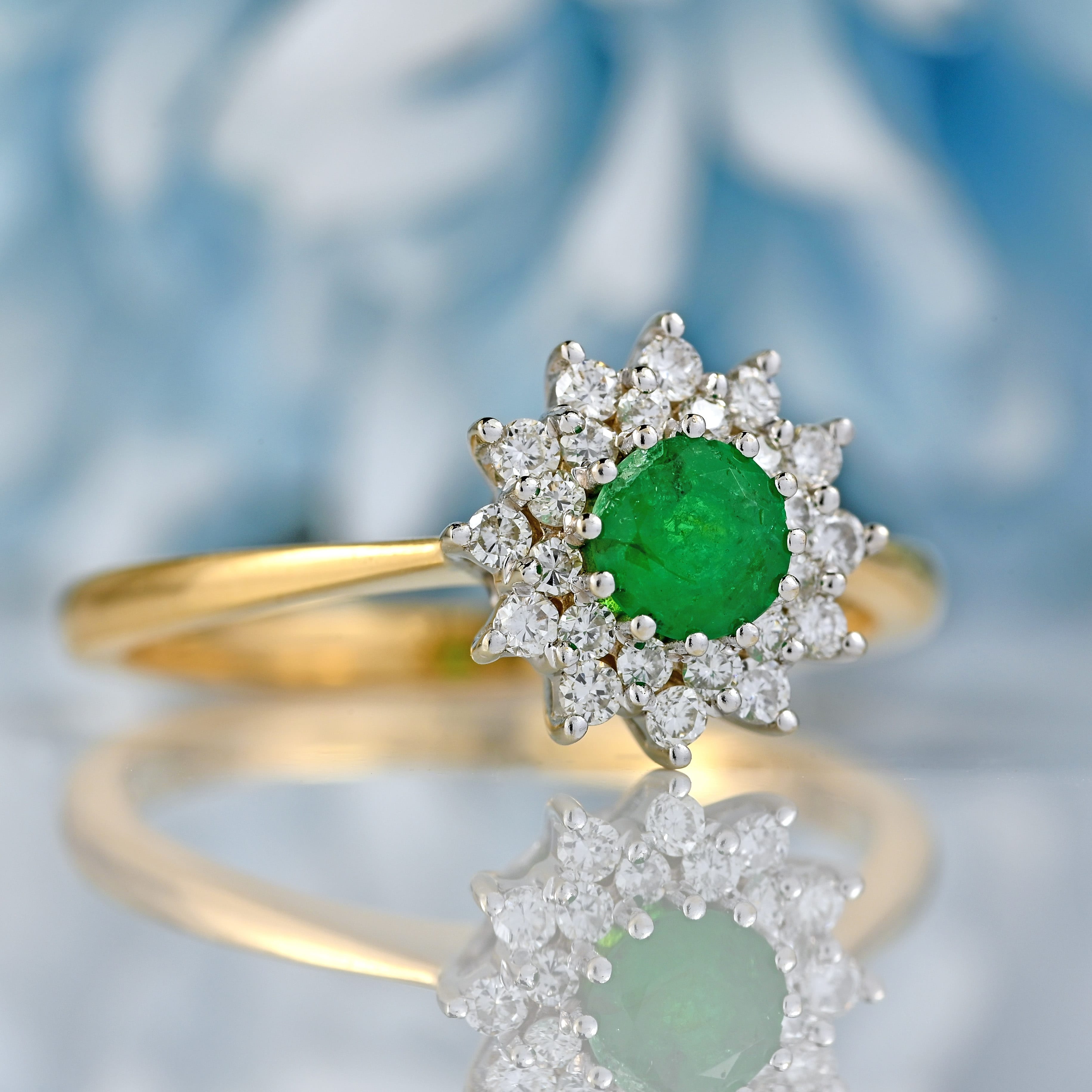 Ellibelle Jewellery Vintage 1984 Emerald & Diamond 18ct Gold Double-Cluster Ring