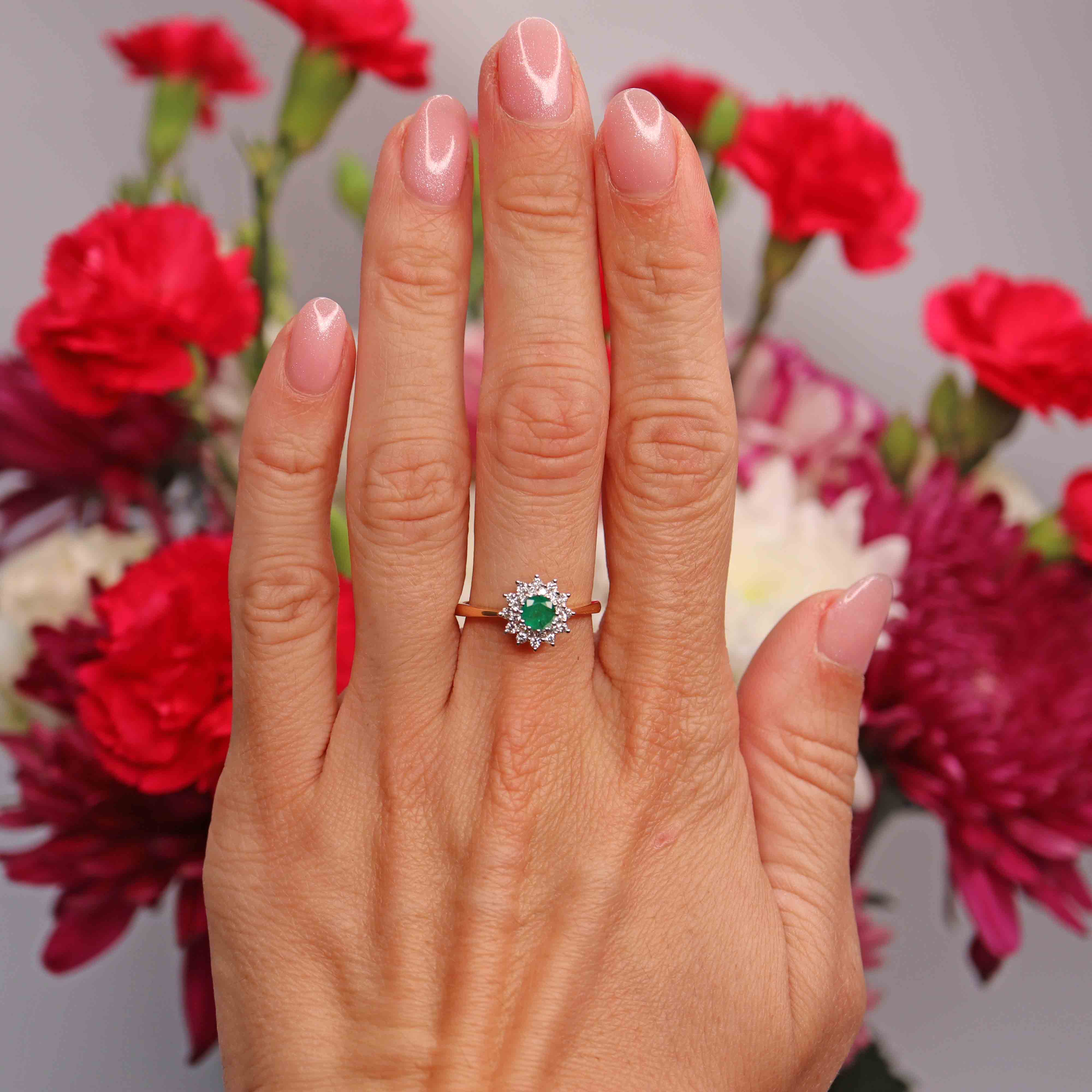 Ellibelle Jewellery Vintage 1984 Emerald & Diamond 18ct Gold Double-Cluster Ring