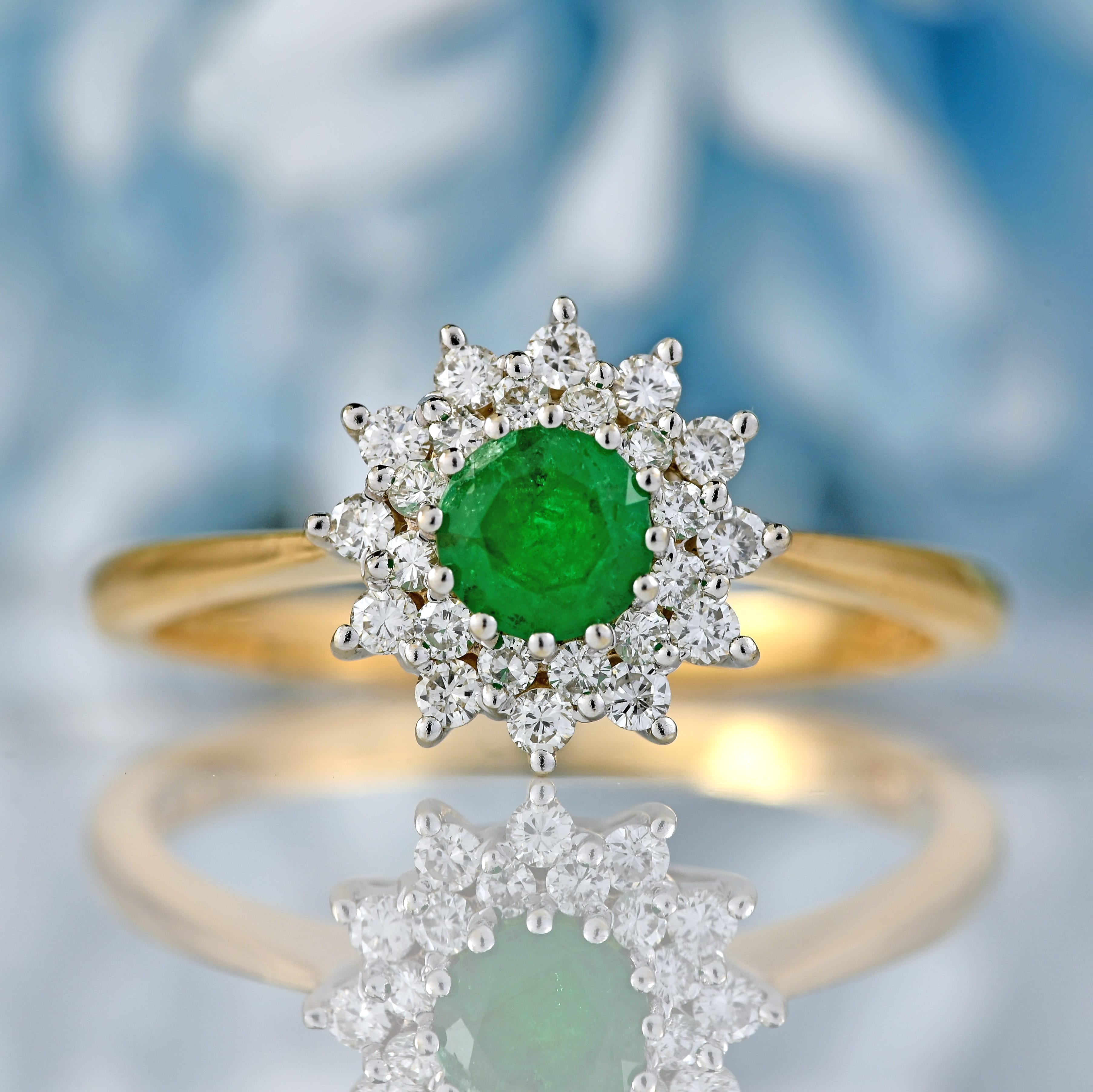 Ellibelle Jewellery Vintage 1984 Emerald & Diamond 18ct Gold Double-Cluster Ring