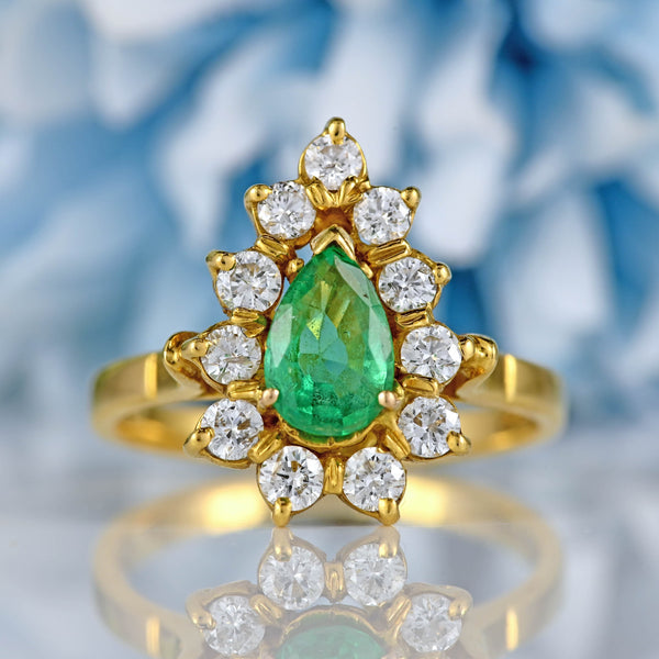 Ellibelle Jewellery Vintage 1984 Emerald & Diamond 18ct Gold Pear-Shaped Cluster Engagement Ring