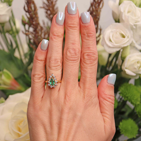 Ellibelle Jewellery Vintage 1984 Emerald & Diamond 18ct Gold Pear-Shaped Cluster Engagement Ring