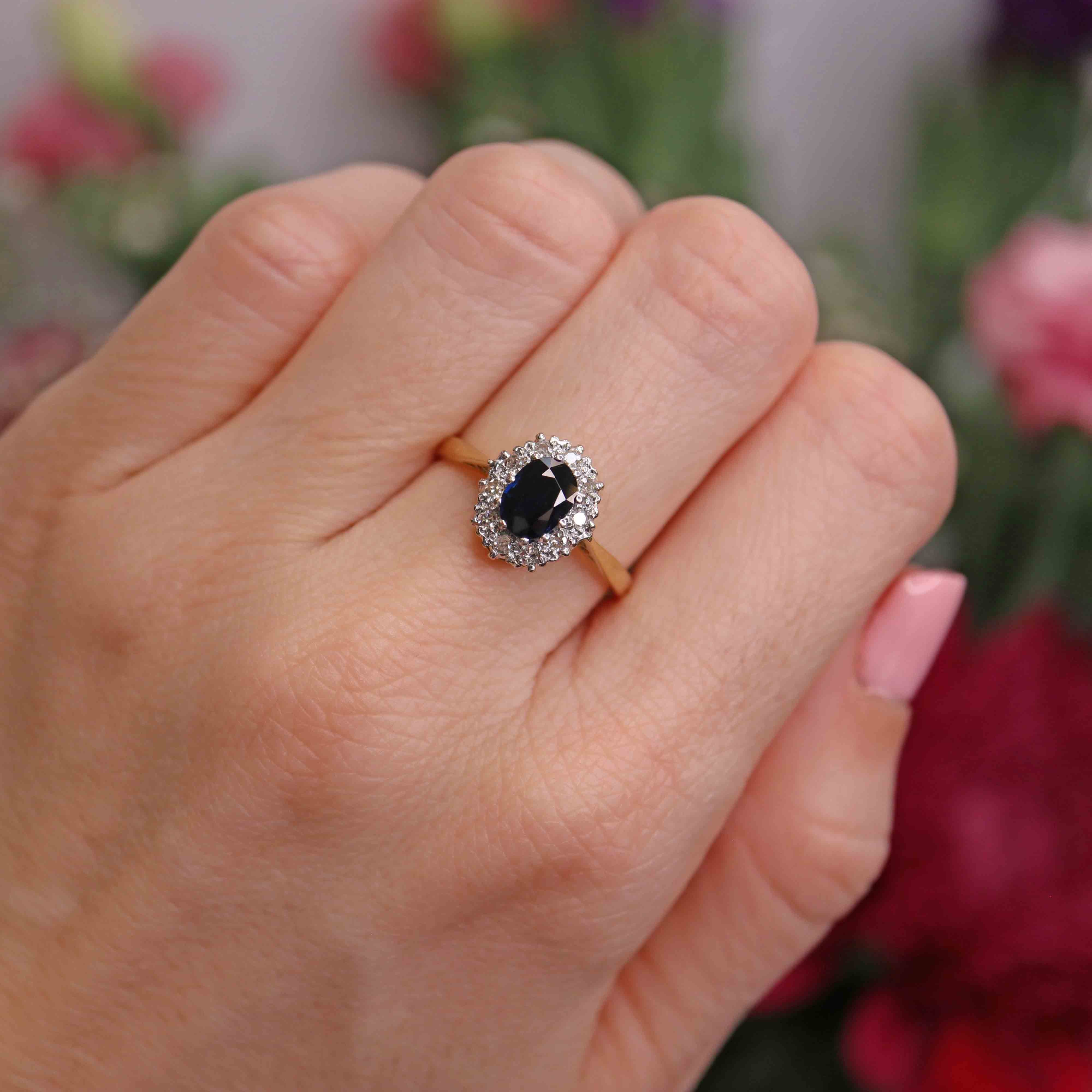 Ellibelle Jewellery Vintage 1984 Sapphire & Diamond 18ct Gold Cluster Ring (0.96cts)