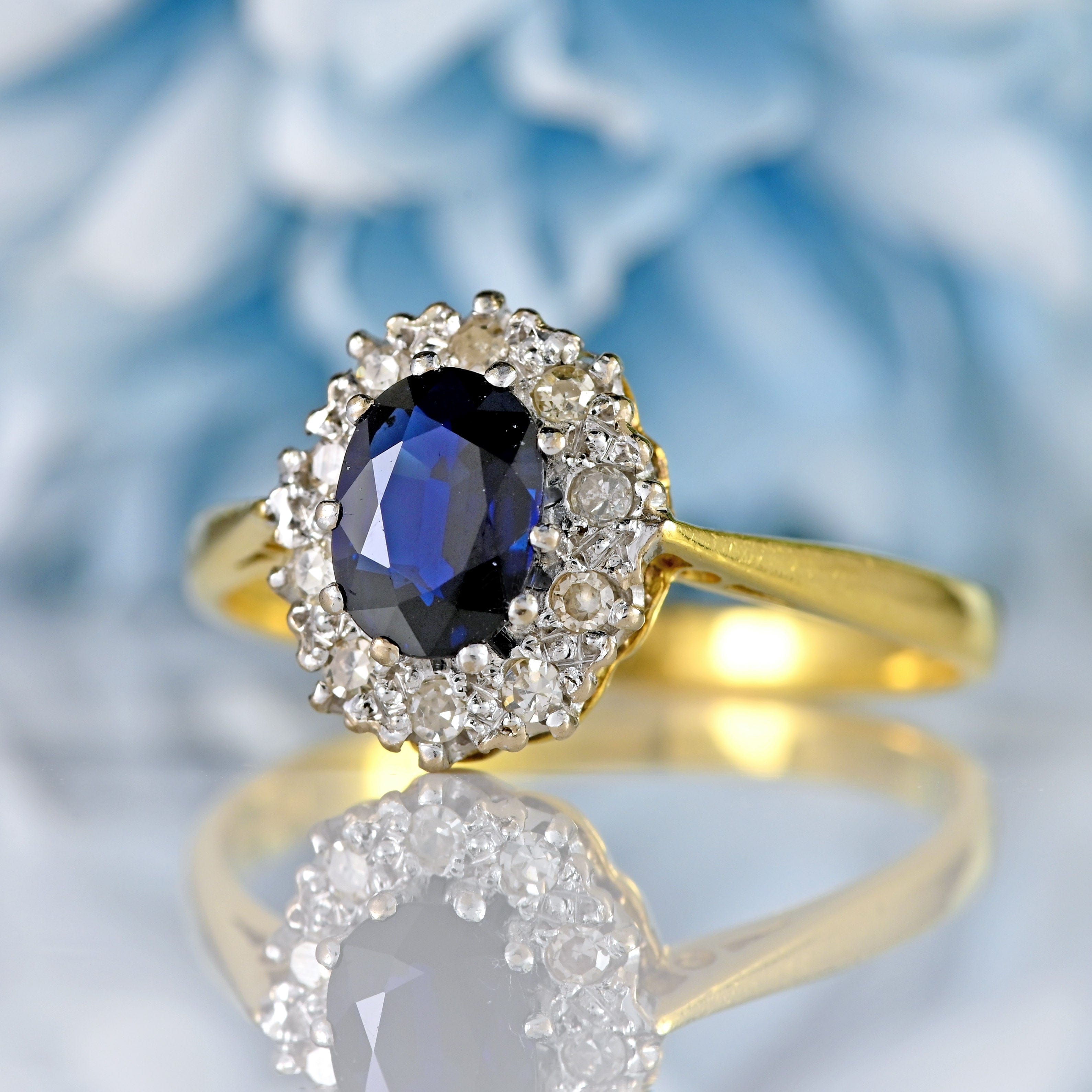 Ellibelle Jewellery Vintage 1984 Sapphire & Diamond 18ct Gold Cluster Ring (0.96cts)