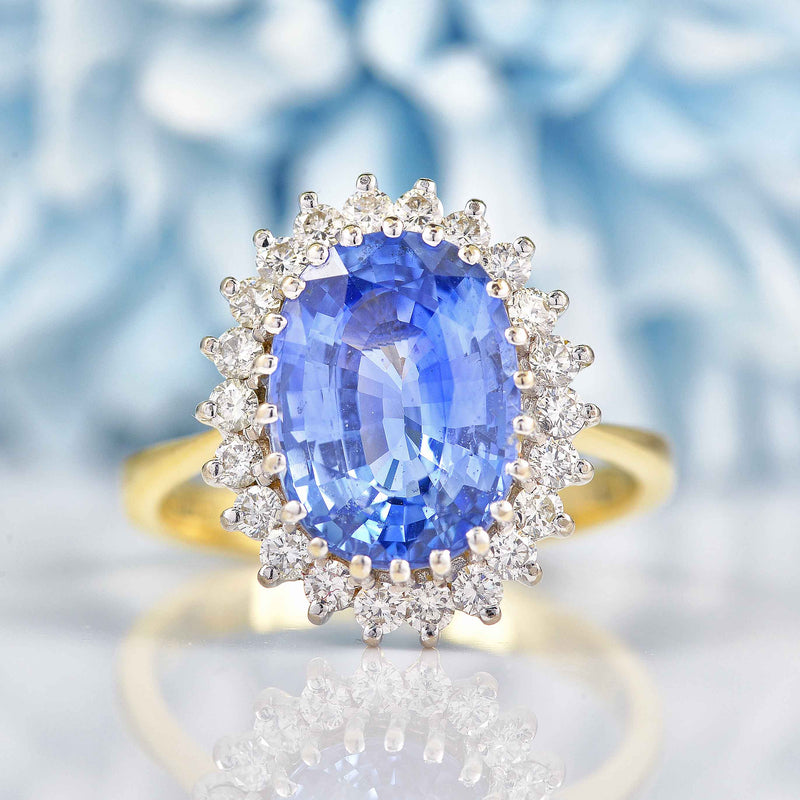 Ellibelle Jewellery Vintage 1985 Ceylon Sapphire & Diamond 18ct Gold Cluster Engagement Ring (4.60ct)