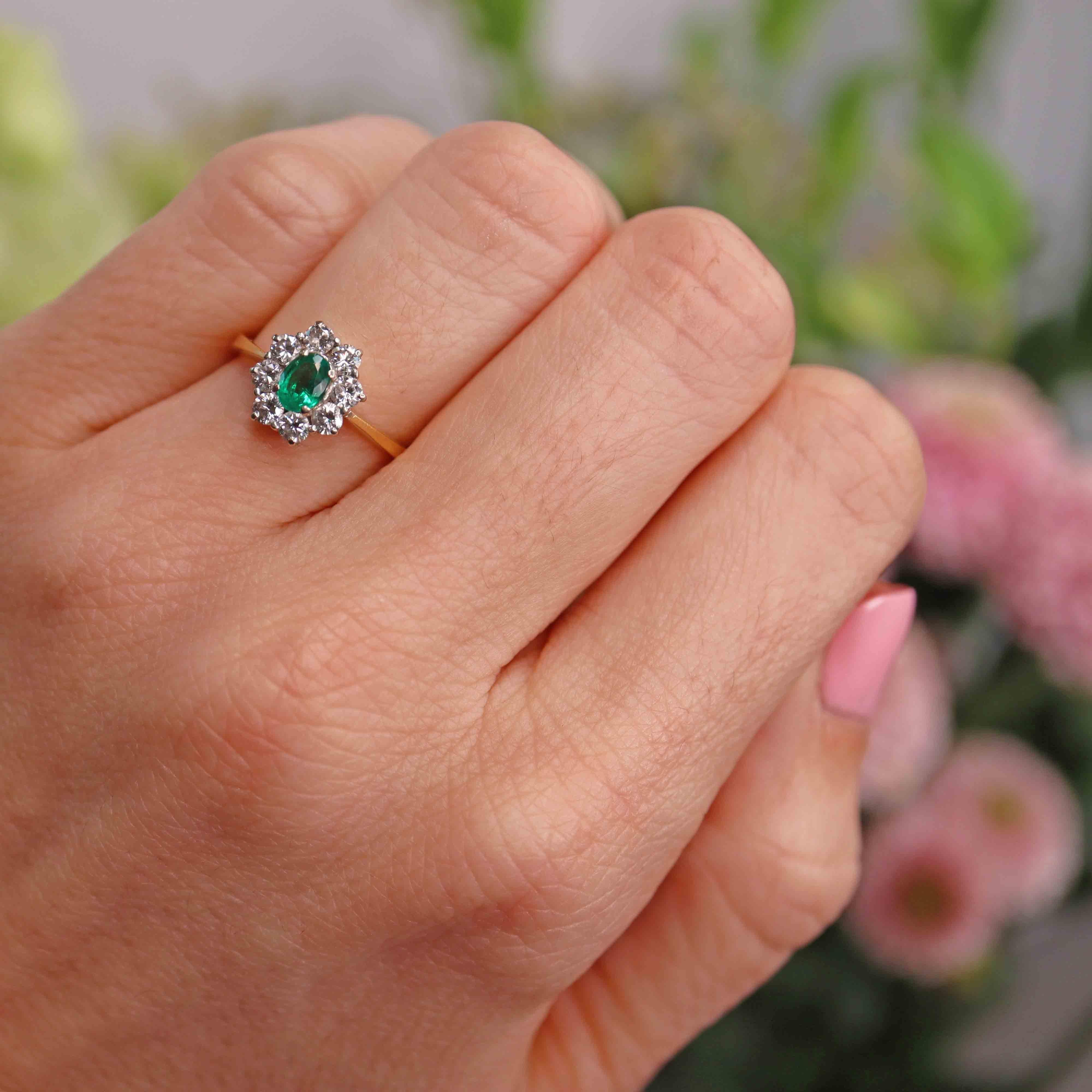 Ellibelle Jewellery Vintage 1985 Emerald & Diamond 18ct Gold Cluster Ring