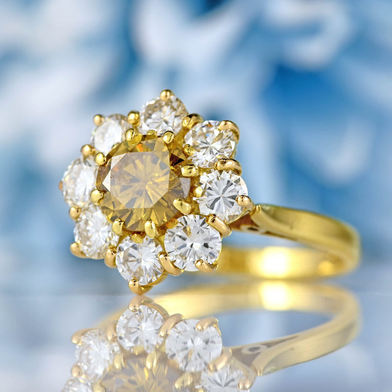 Ellibelle Jewellery Vintage 1985 Fancy Yellow Diamond 18ct Gold Cluster Engagement Ring