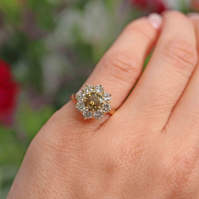 Ellibelle Jewellery Vintage 1985 Fancy Yellow Diamond 18ct Gold Cluster Engagement Ring