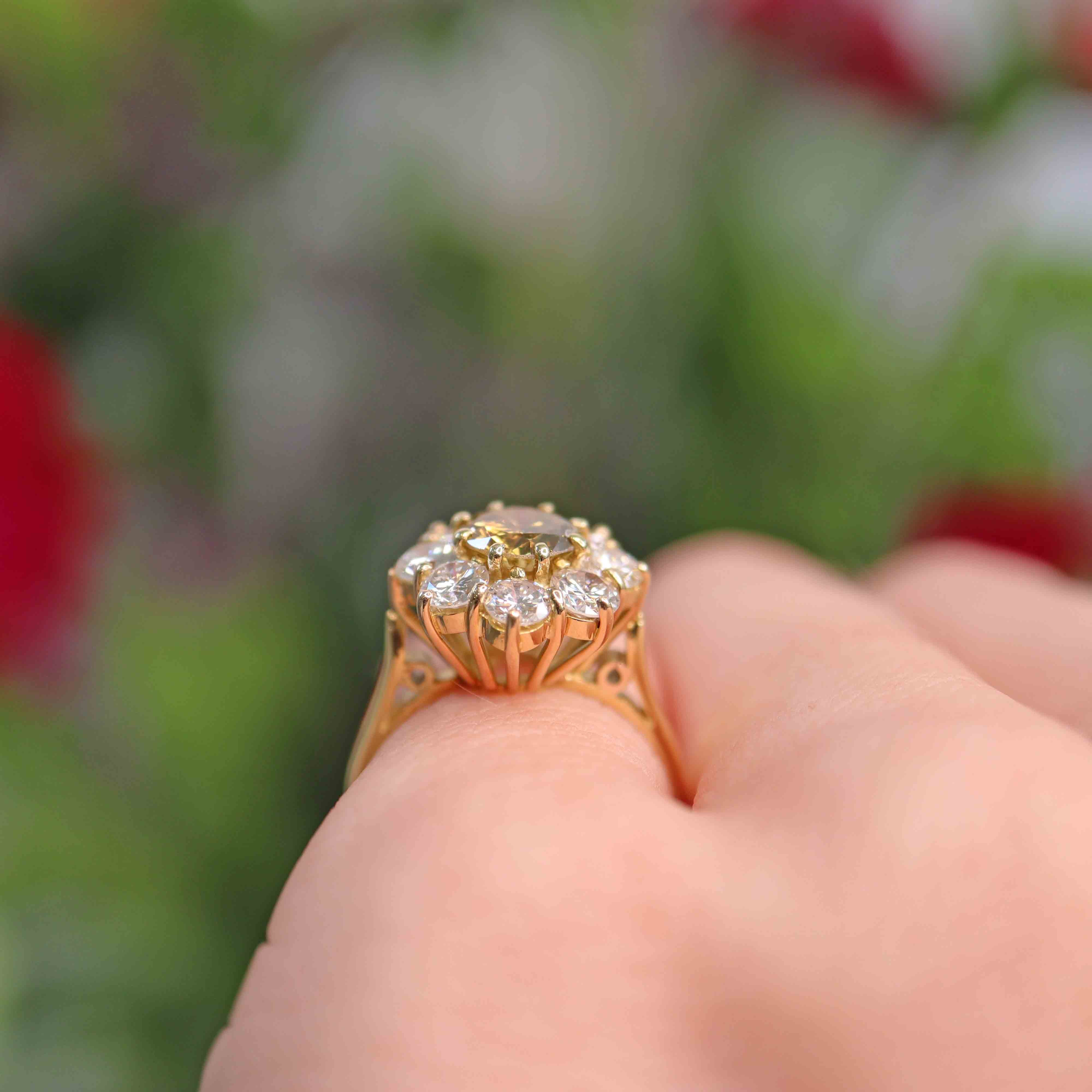 Ellibelle Jewellery Vintage 1985 Fancy Yellow Diamond 18ct Gold Cluster Engagement Ring