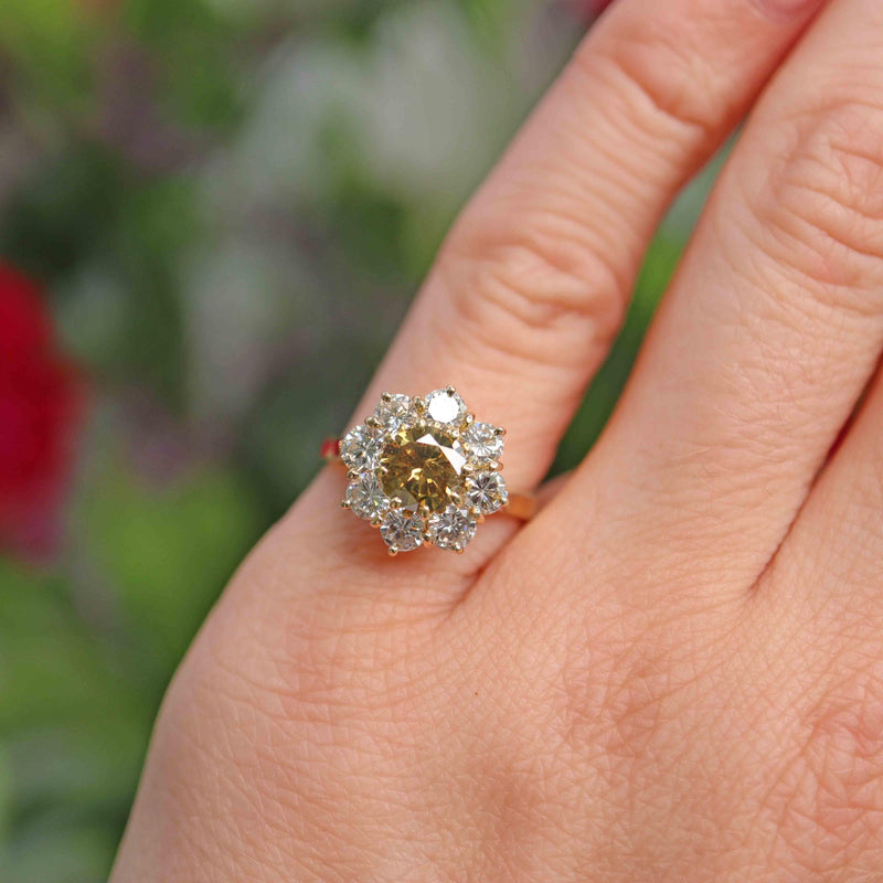 Ellibelle Jewellery Vintage 1985 Fancy Yellow Diamond 18ct Gold Cluster Engagement Ring