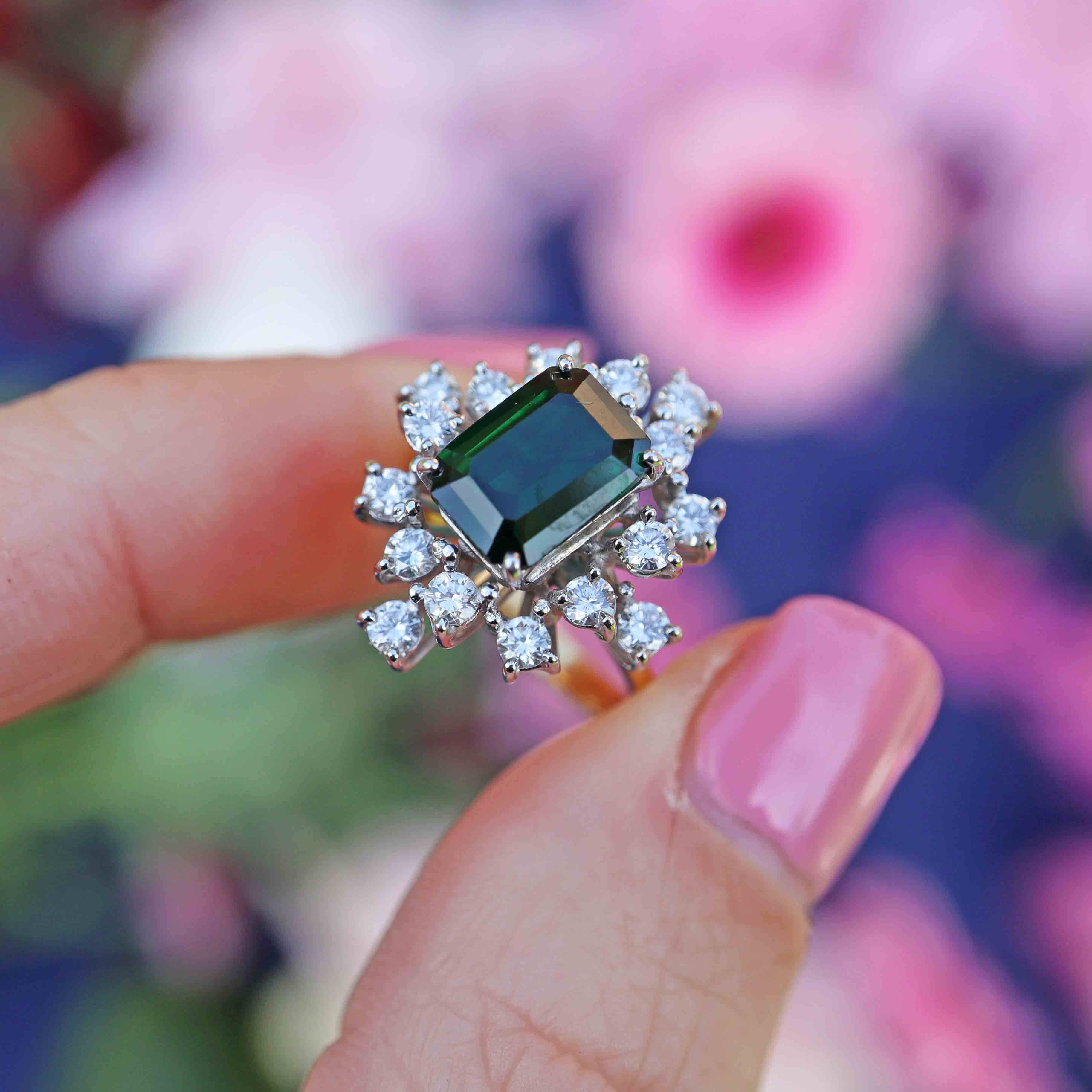 Ellibelle Jewellery Vintage 1985 Green Tourmaline & Diamond 18ct Gold Cocktail Ring