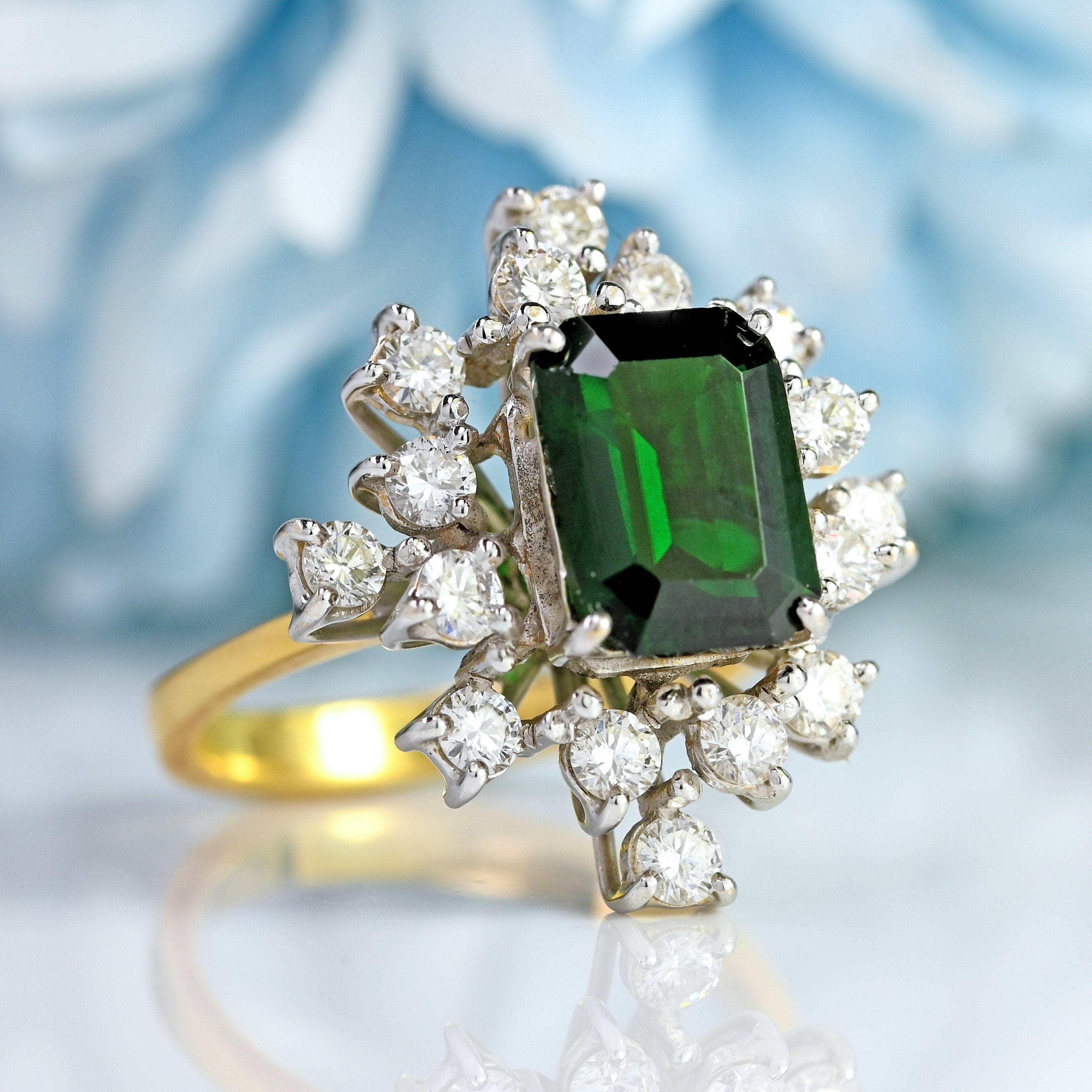 Ellibelle Jewellery Vintage 1985 Green Tourmaline & Diamond 18ct Gold Cocktail Ring