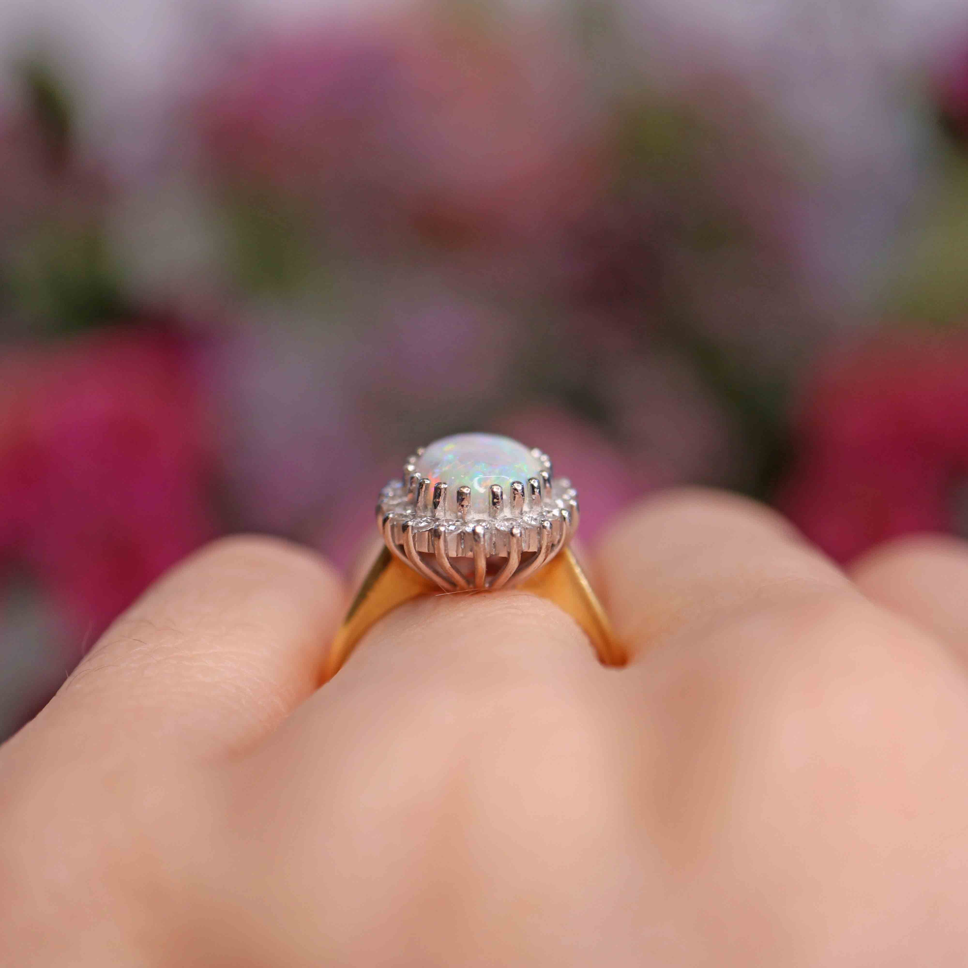 Ellibelle Jewellery Vintage 1985 Opal & Diamond 18ct Gold Cluster Ring