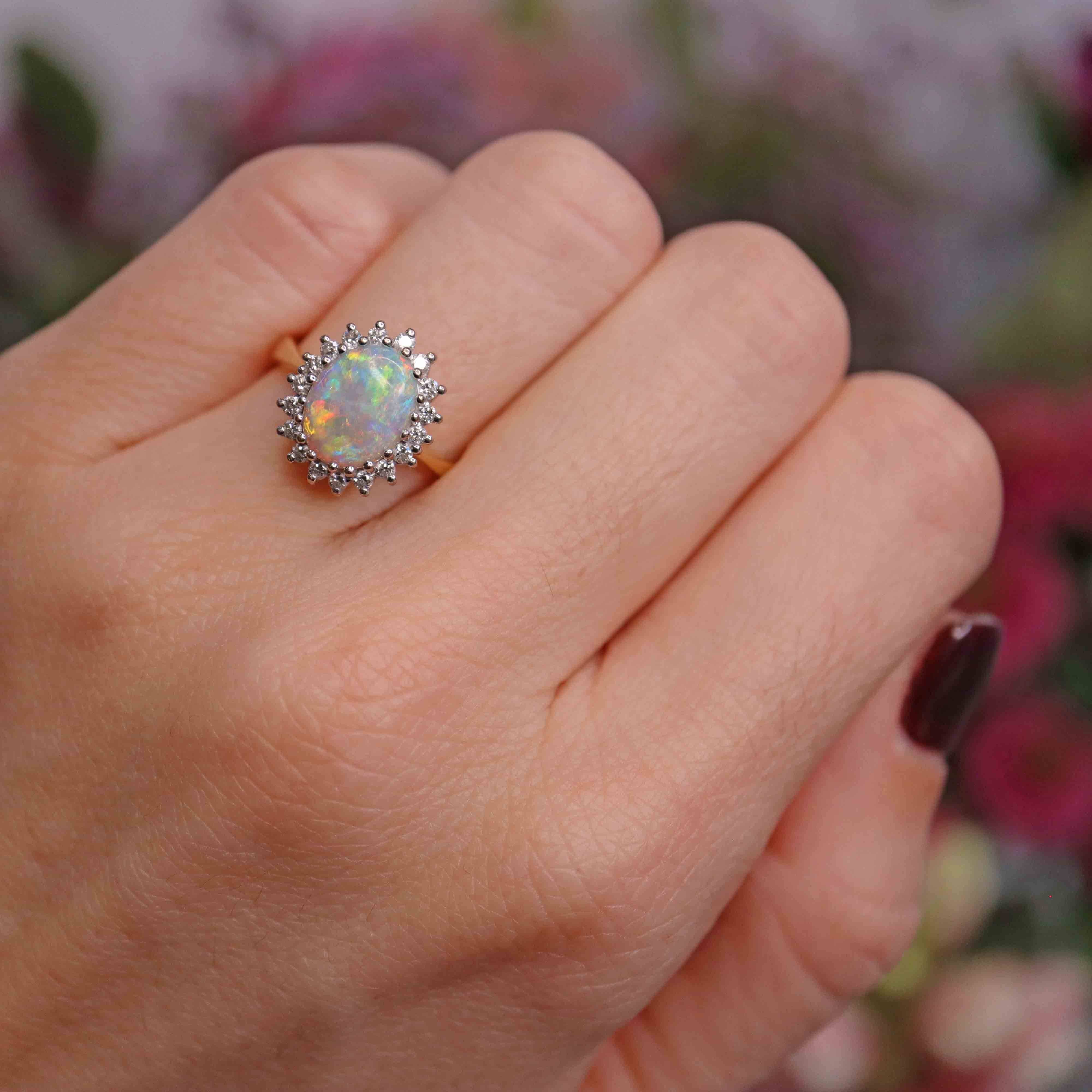Ellibelle Jewellery Vintage 1985 Opal & Diamond 18ct Gold Cluster Ring