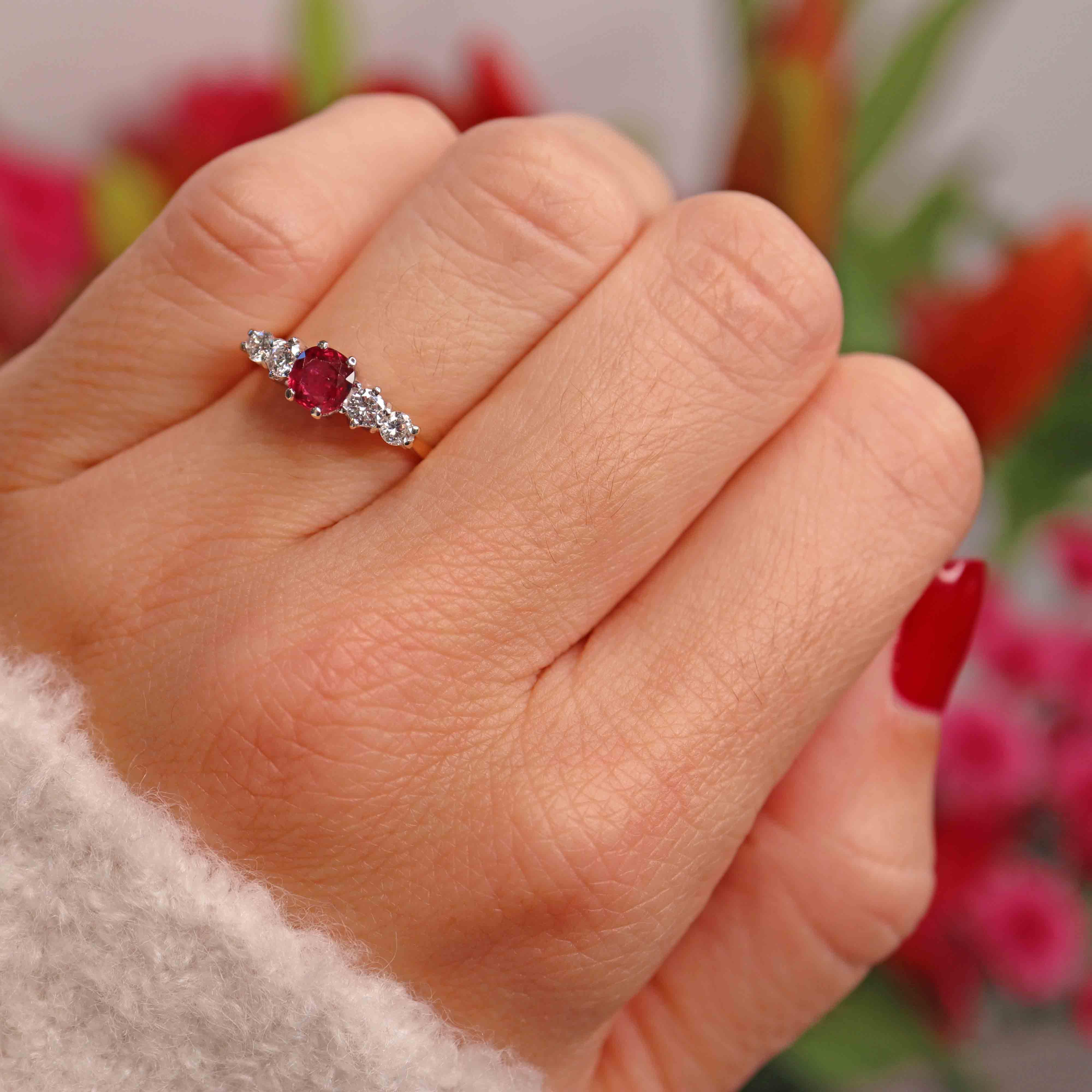 Ellibelle Jewellery Vintage 1985 Ruby & Diamond 18ct Gold Five-Stone Ring