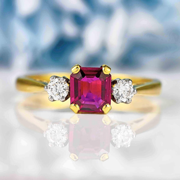 Ellibelle Jewellery Vintage 1985 Ruby & Diamond 18ct Gold Three-Stone Engagement Ring