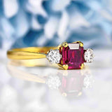 Ellibelle Jewellery Vintage 1985 Ruby & Diamond 18ct Gold Three-Stone Engagement Ring