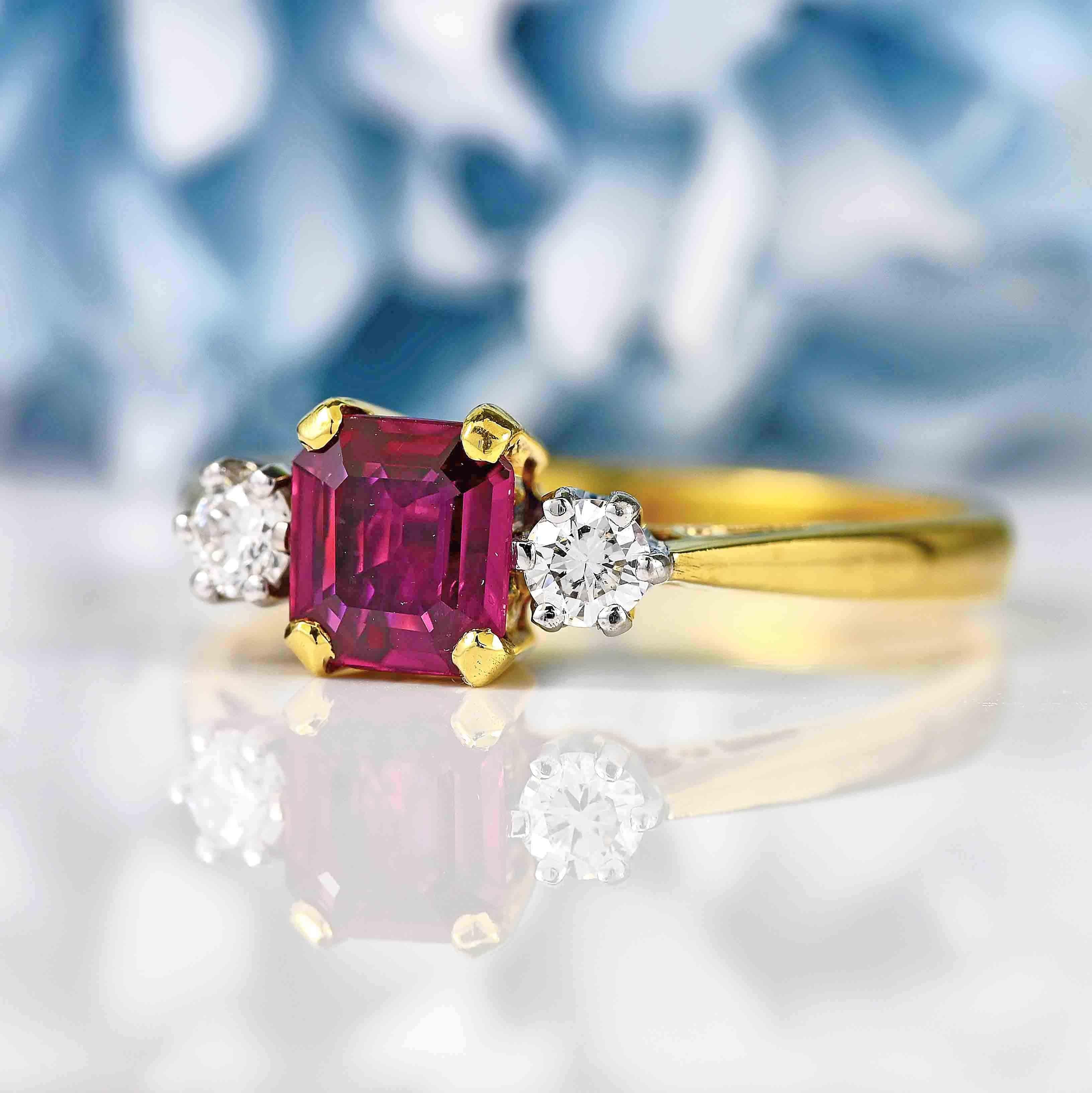 Ellibelle Jewellery Vintage 1985 Ruby & Diamond 18ct Gold Three-Stone Engagement Ring